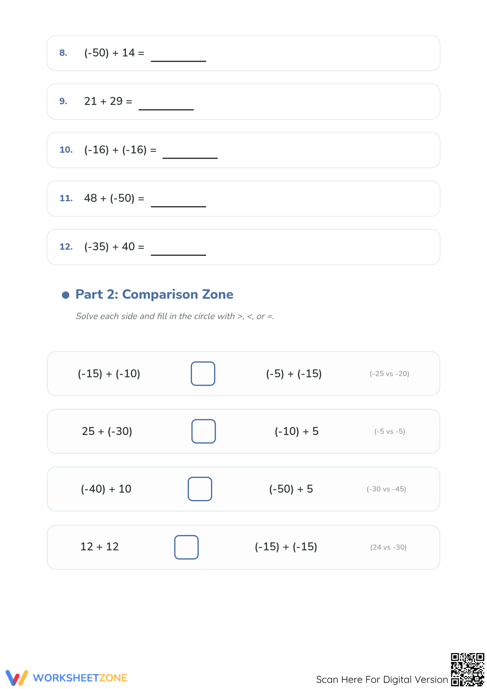 Printable Grade 5 Integer Addition Math Worksheet - Page 2