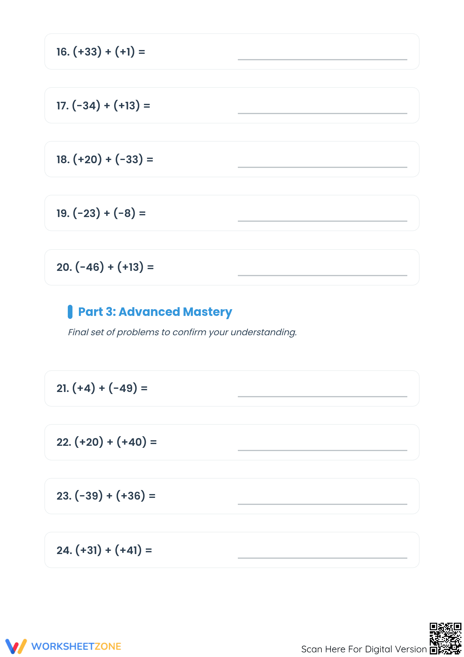 Printable Integers Addition Worksheet | Grade 5 Math - Page 3