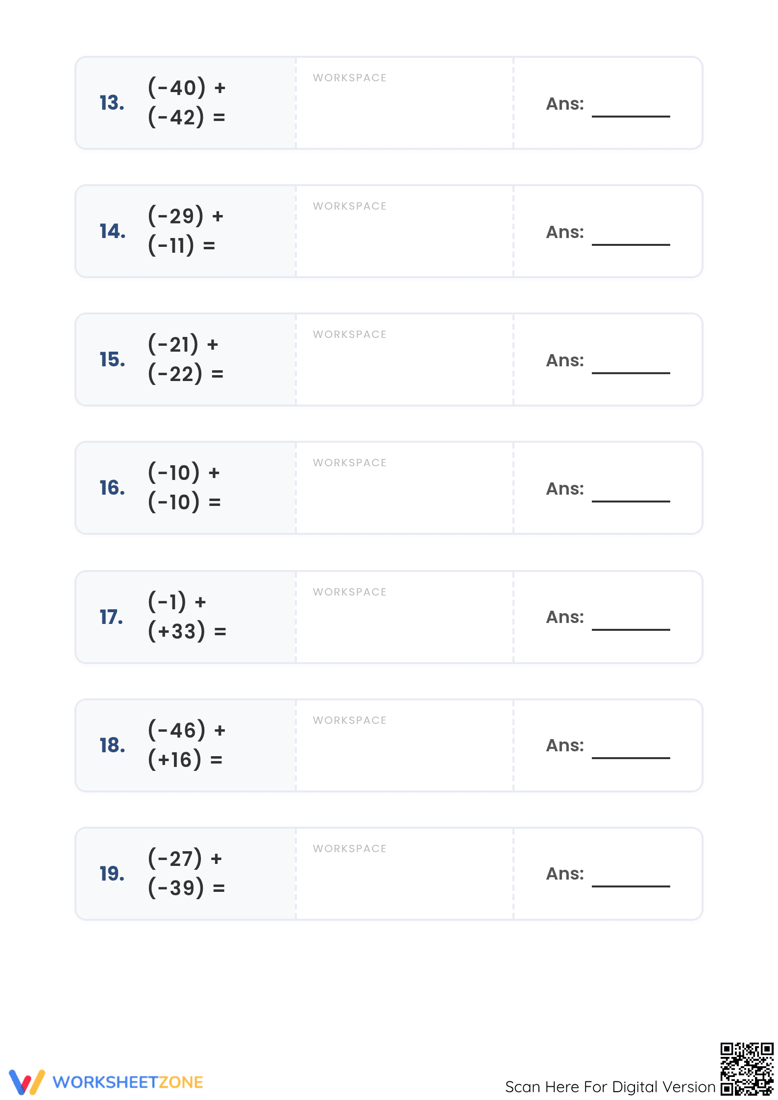Printable Integers Addition Worksheet | Grade 5 Math - Page 3