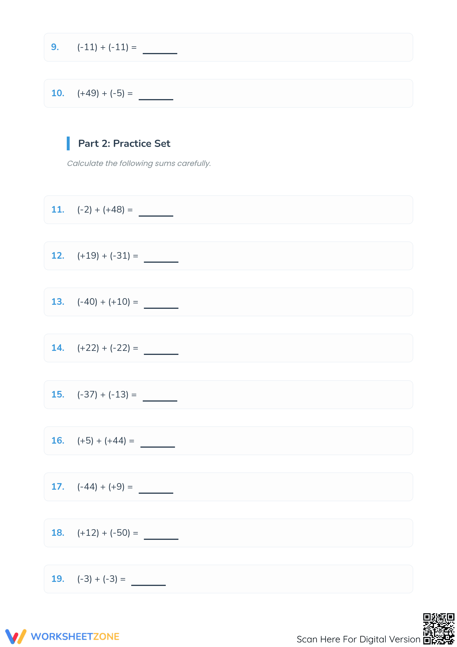 Printable Integers Addition Worksheet | Grade 5 Math - Page 2