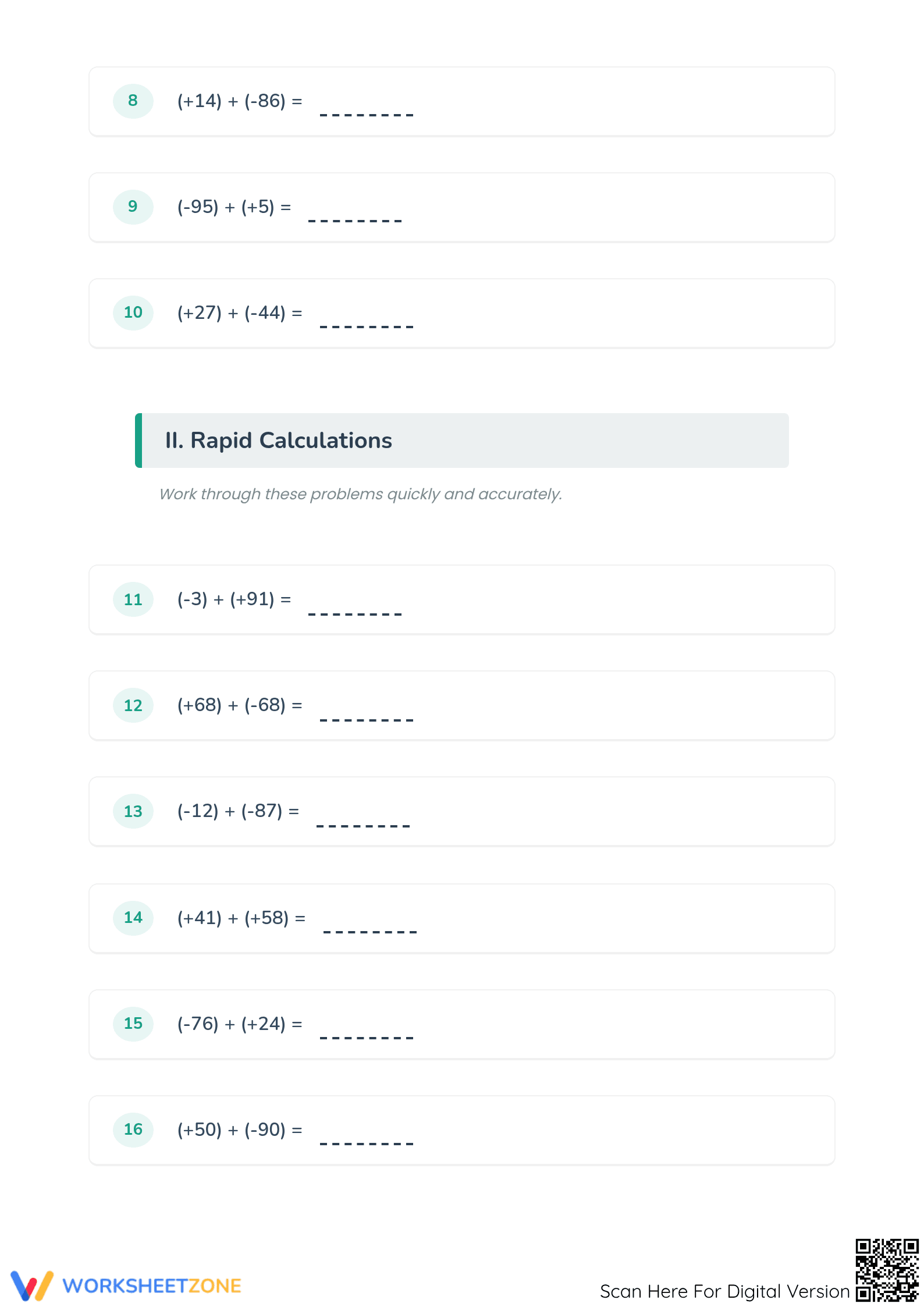 Grade 5 Integer Addition — Printable No-Prep Worksheet - Page 2