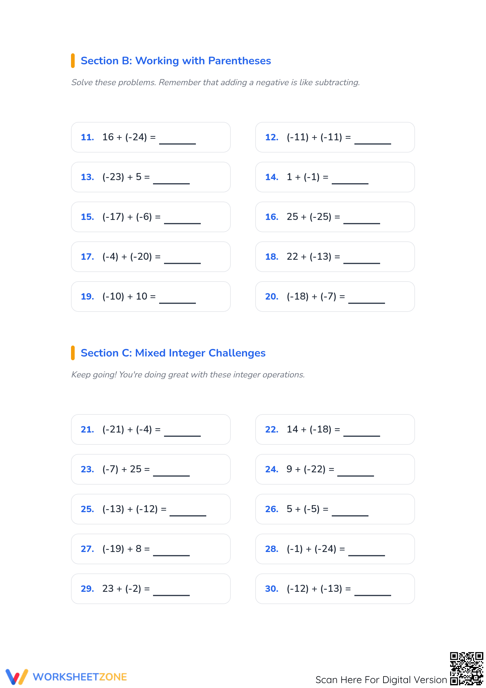 Integers Addition Printable Worksheet | Grade 5 Math - Page 2