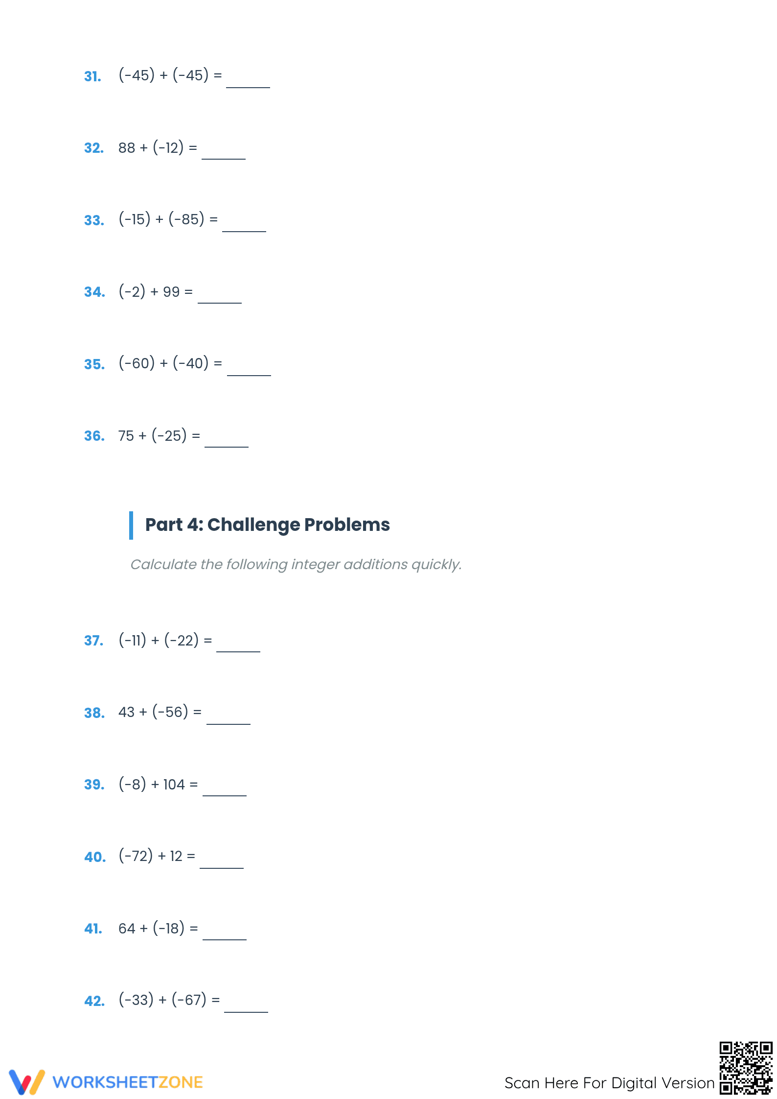 Printable Adding Integers Practice Worksheet | Grade 7 Math - Page 4