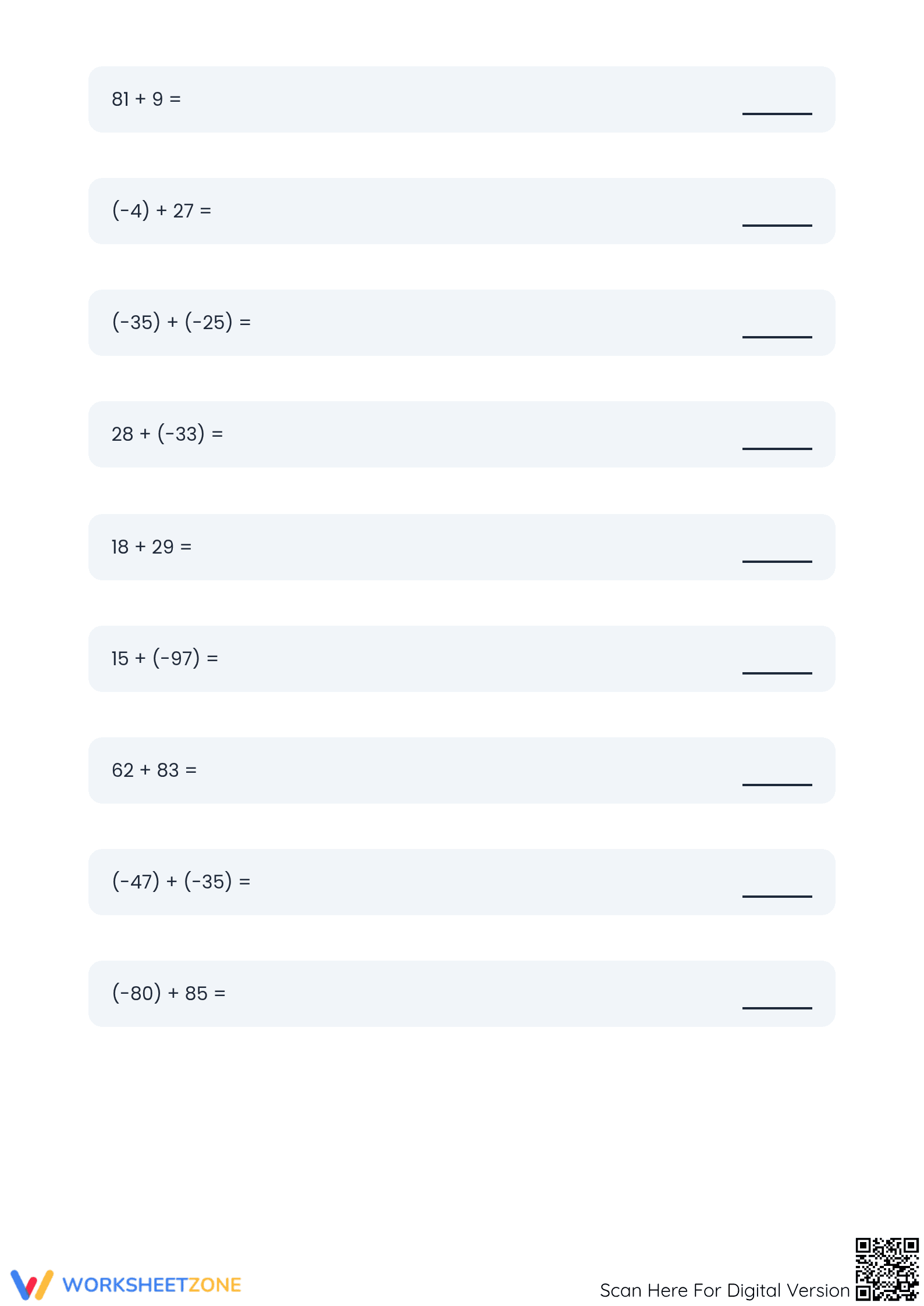 Printable Adding Integers Worksheet | Grade 7 Math Practice - Page 3