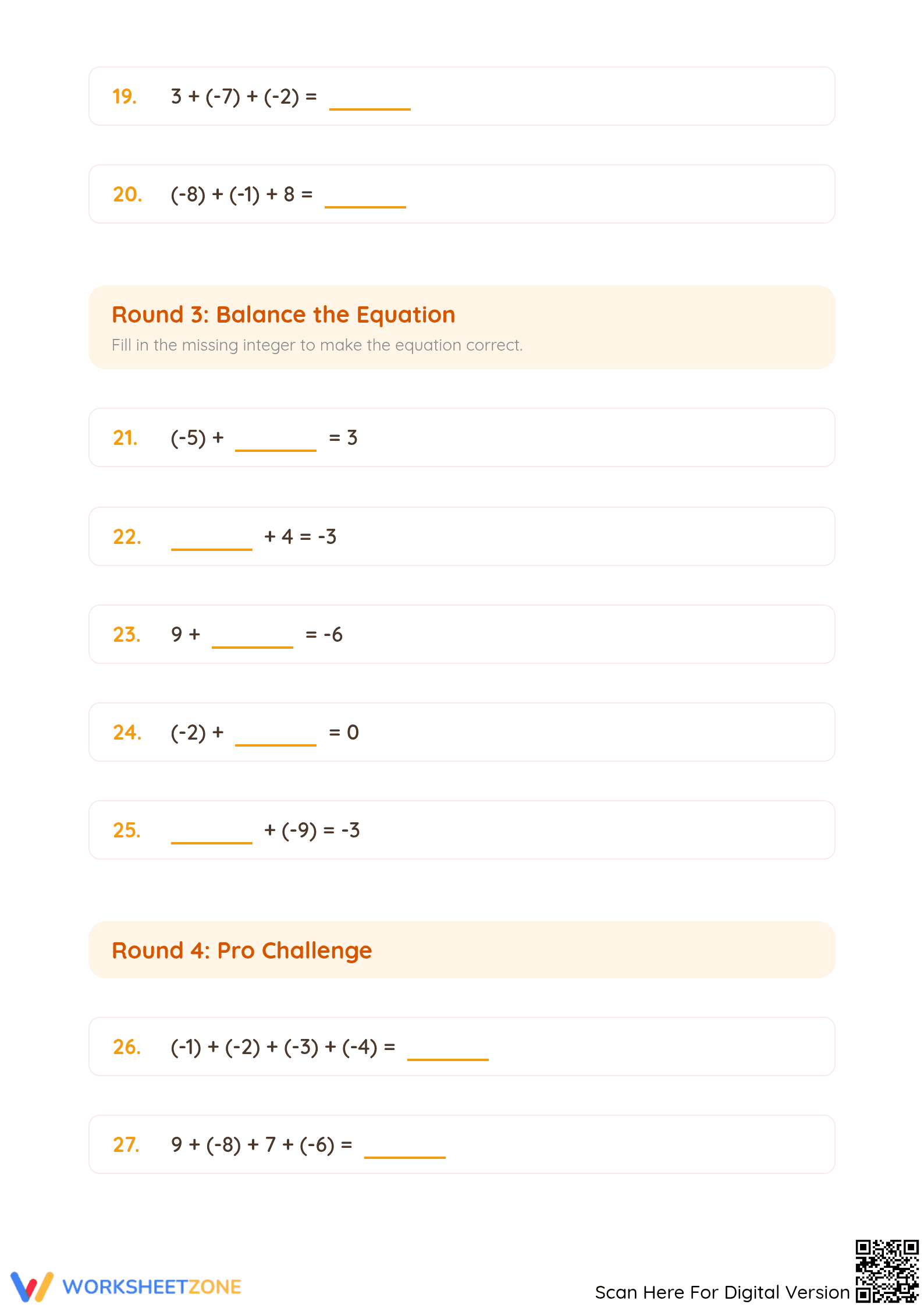 Essential Integer Addition Worksheet | Grade 5 Math - Page 3