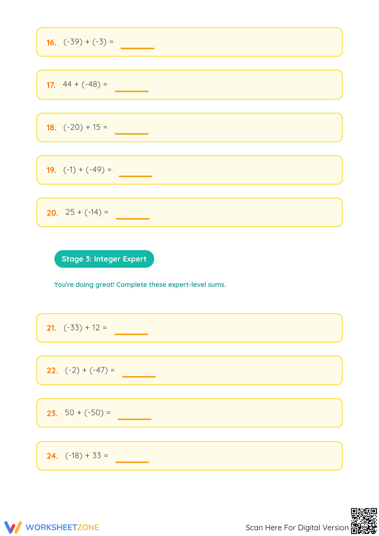 Printable Grade 5 Integer Addition Worksheet | -50 to 50 - Page 3