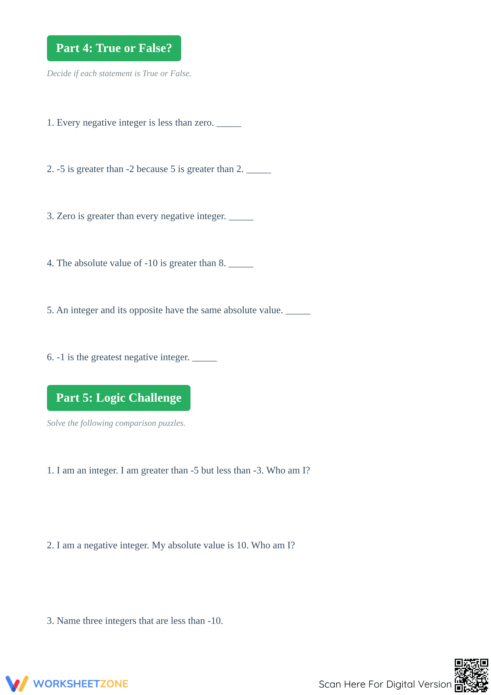 Essential Grade 5 Comparing Integers Practice Worksheet - Page 3