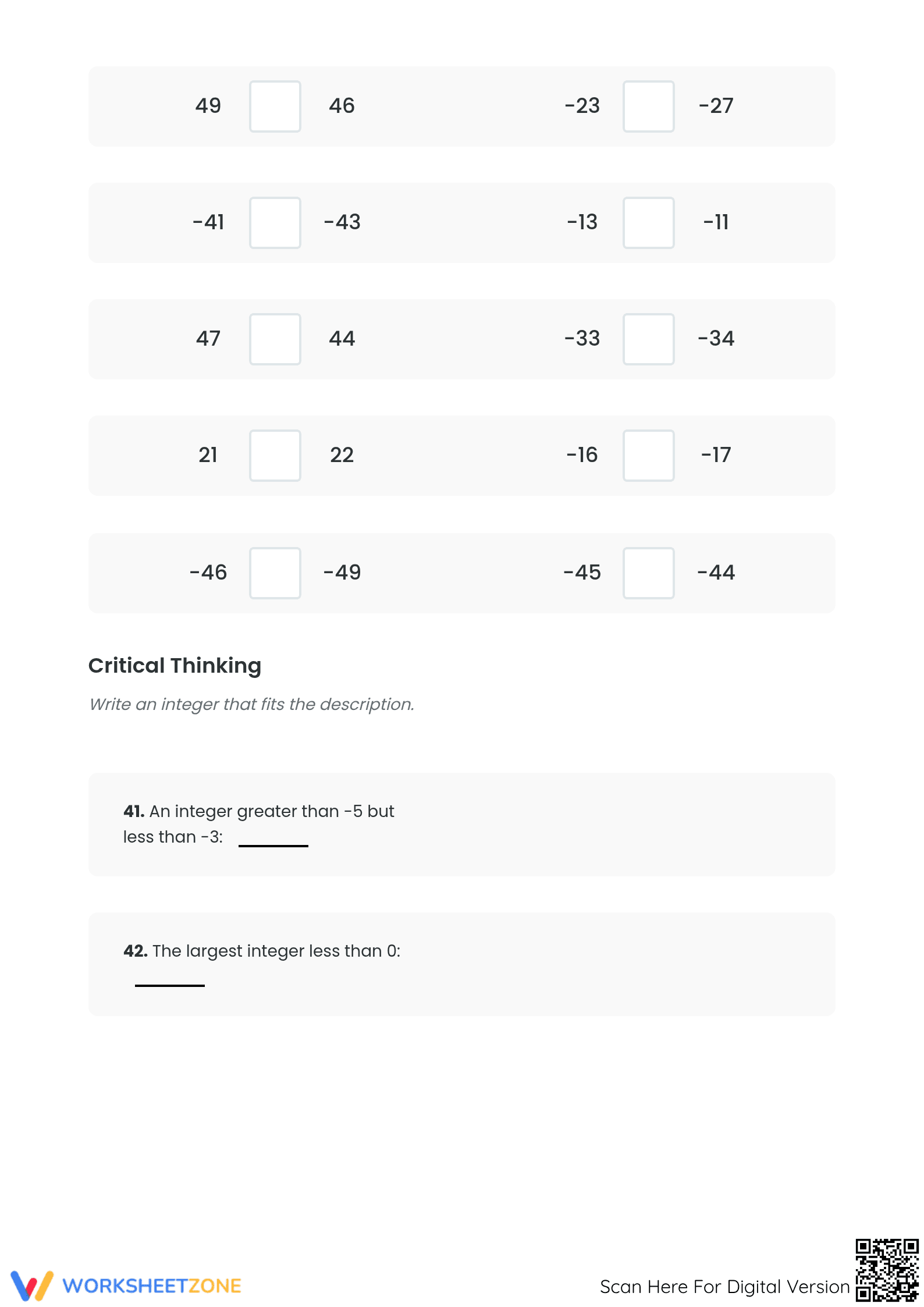 Printable Comparing Integers Worksheet | Grade 5 Math - Page 3