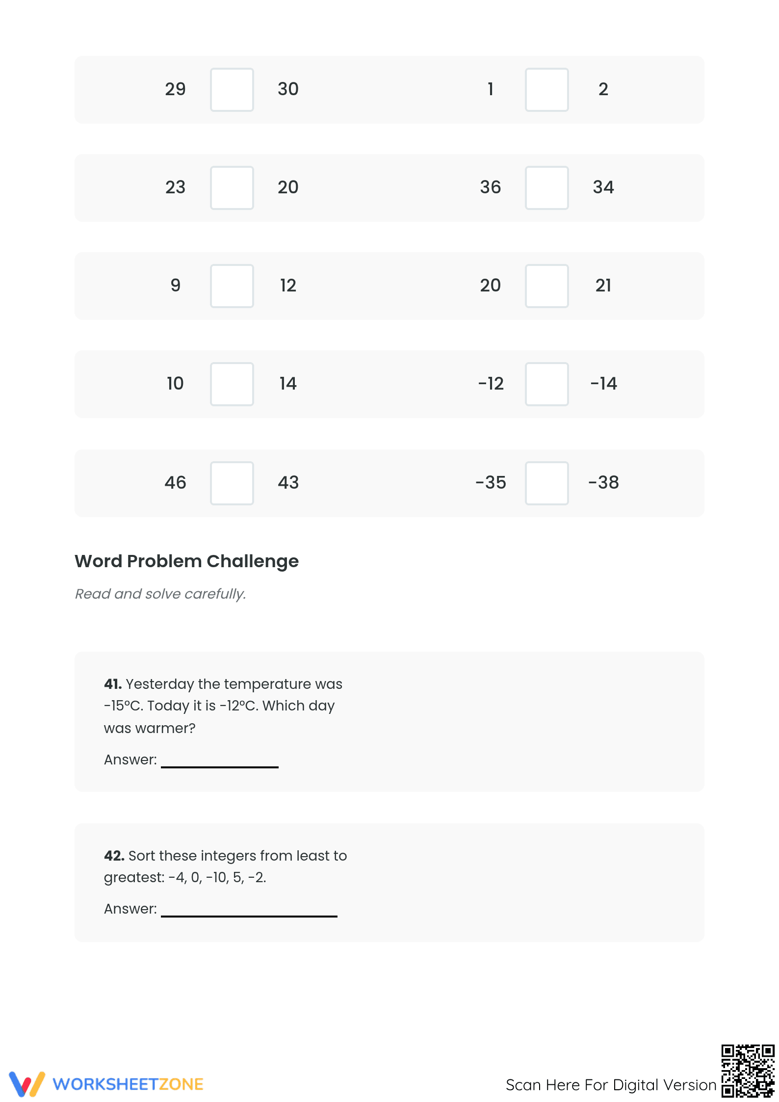 Printable Comparing Integers Worksheet | Grade 5 Math - Page 3