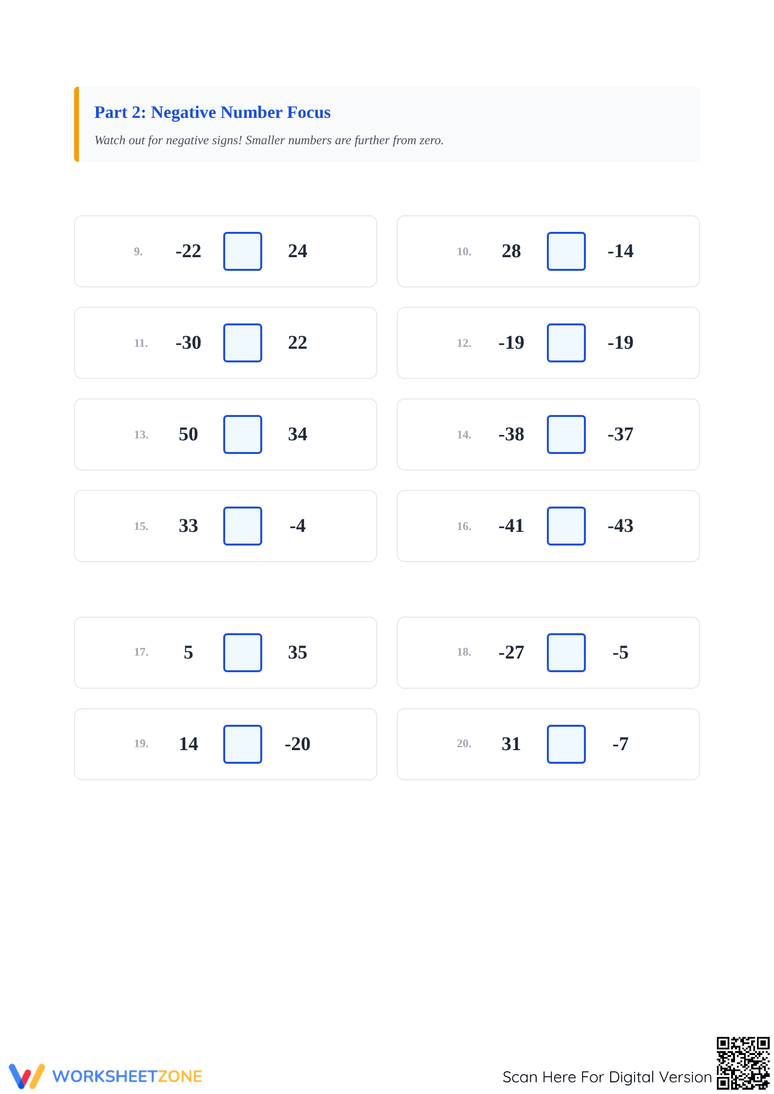 Essential Grade 5 Comparing Integers Worksheet (-50 to 50) - Page 2