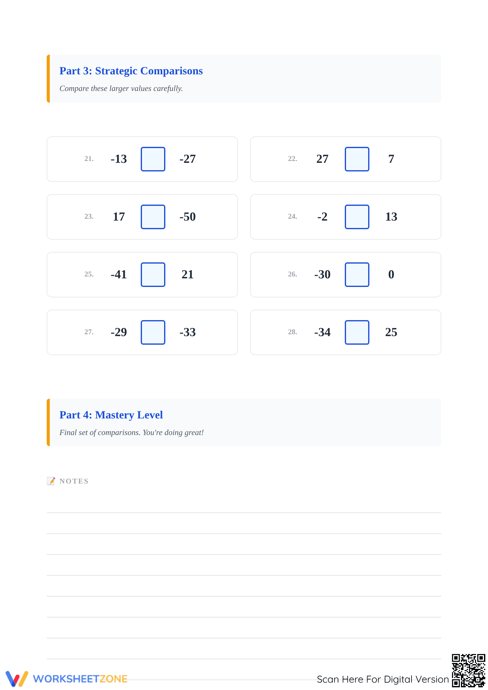 Essential Grade 5 Comparing Integers Worksheet (-50 to 50) - Page 3