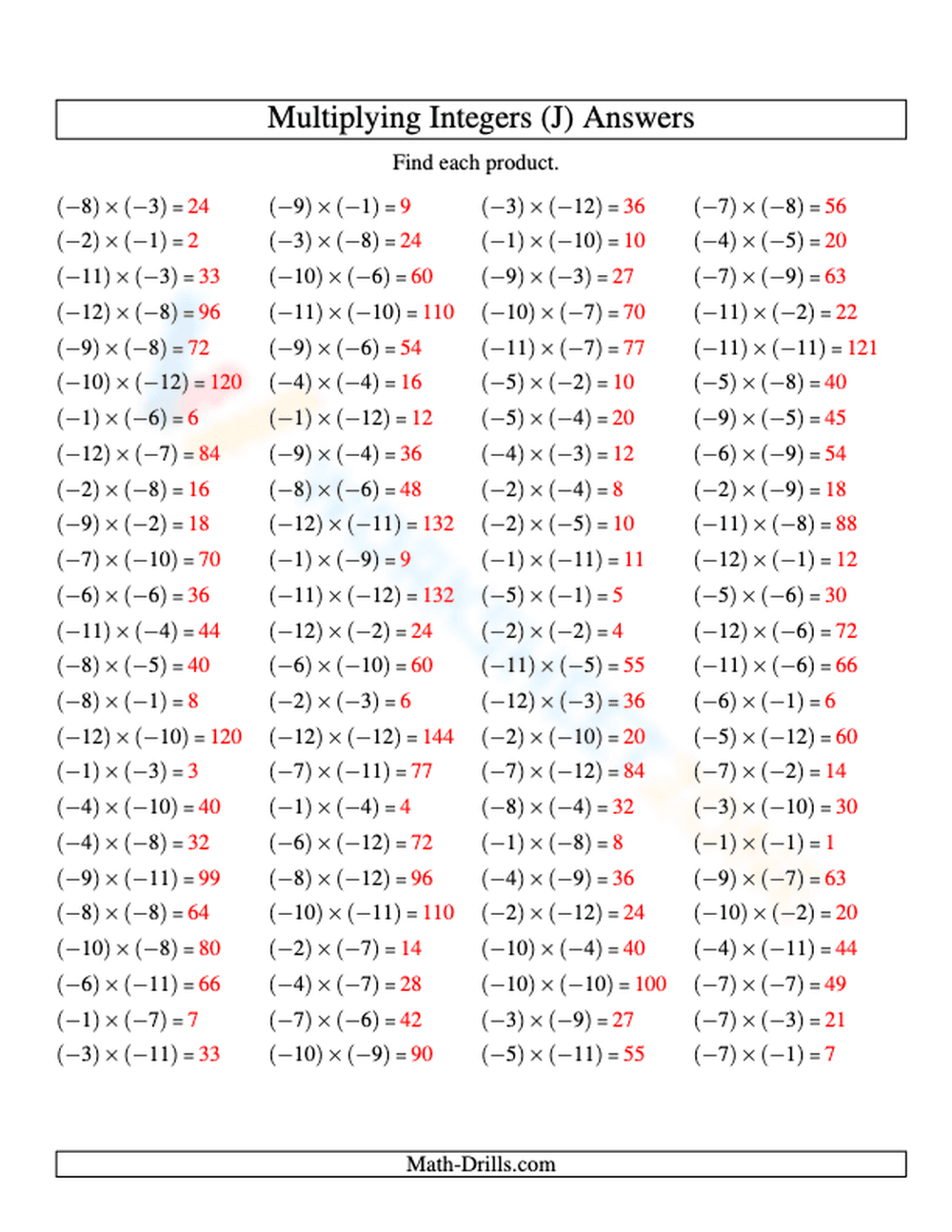 Multiplication of Negative Integers (-12 to -1) - Page 2