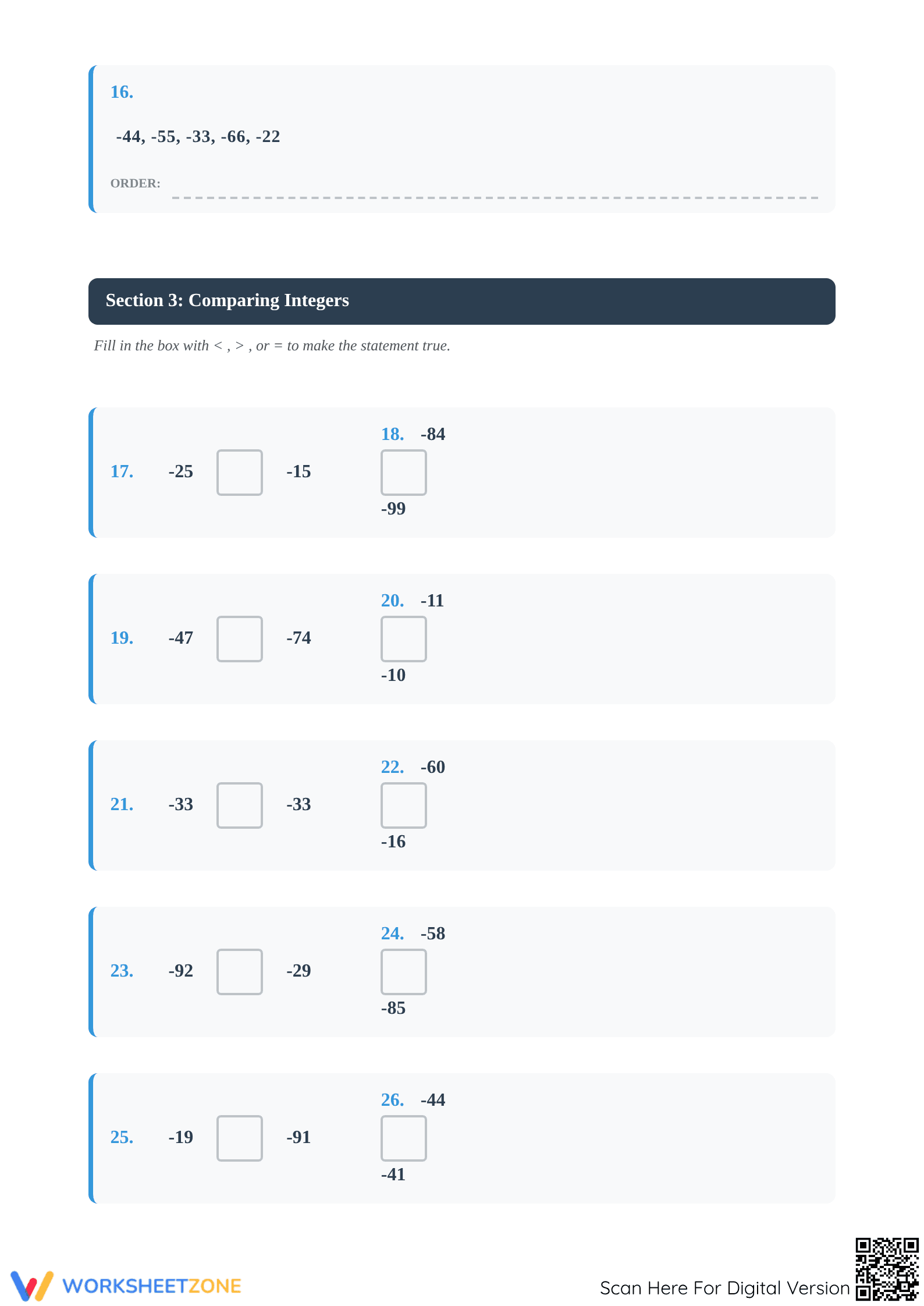 Printable Ordering Negative 2-Digit Integers Math Worksheet - Page 4