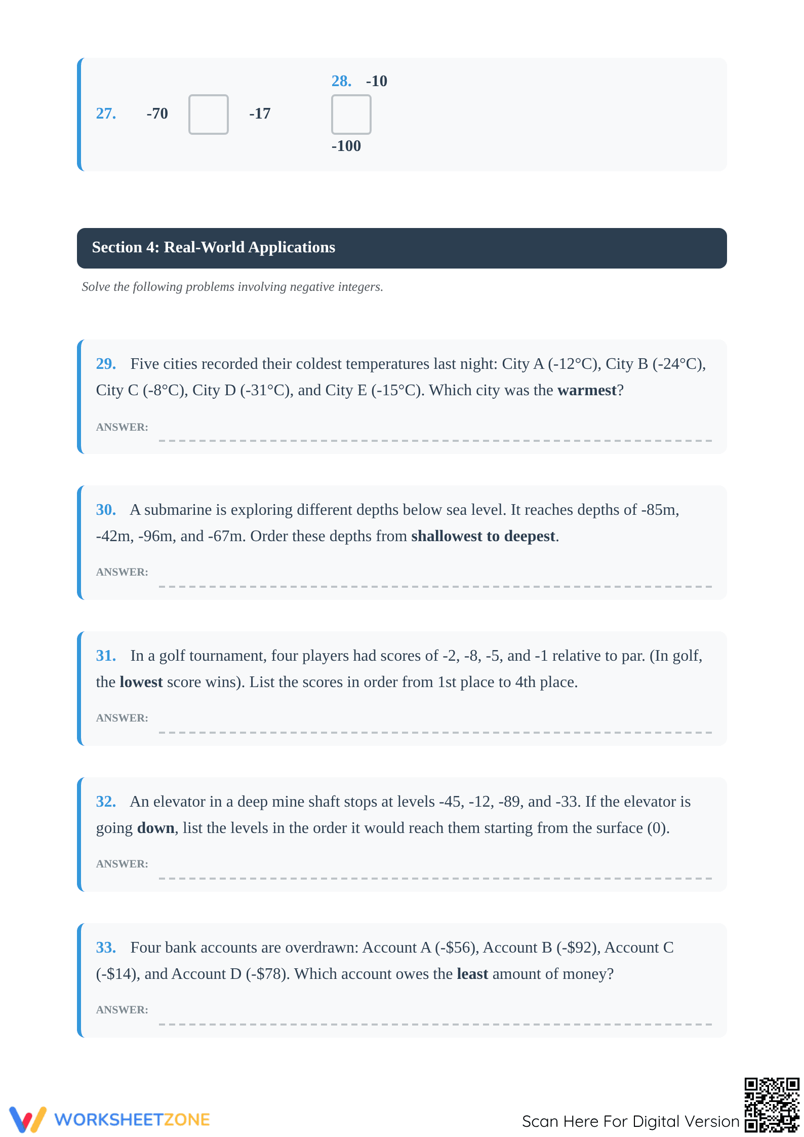 Printable Ordering Negative 2-Digit Integers Math Worksheet - Page 5
