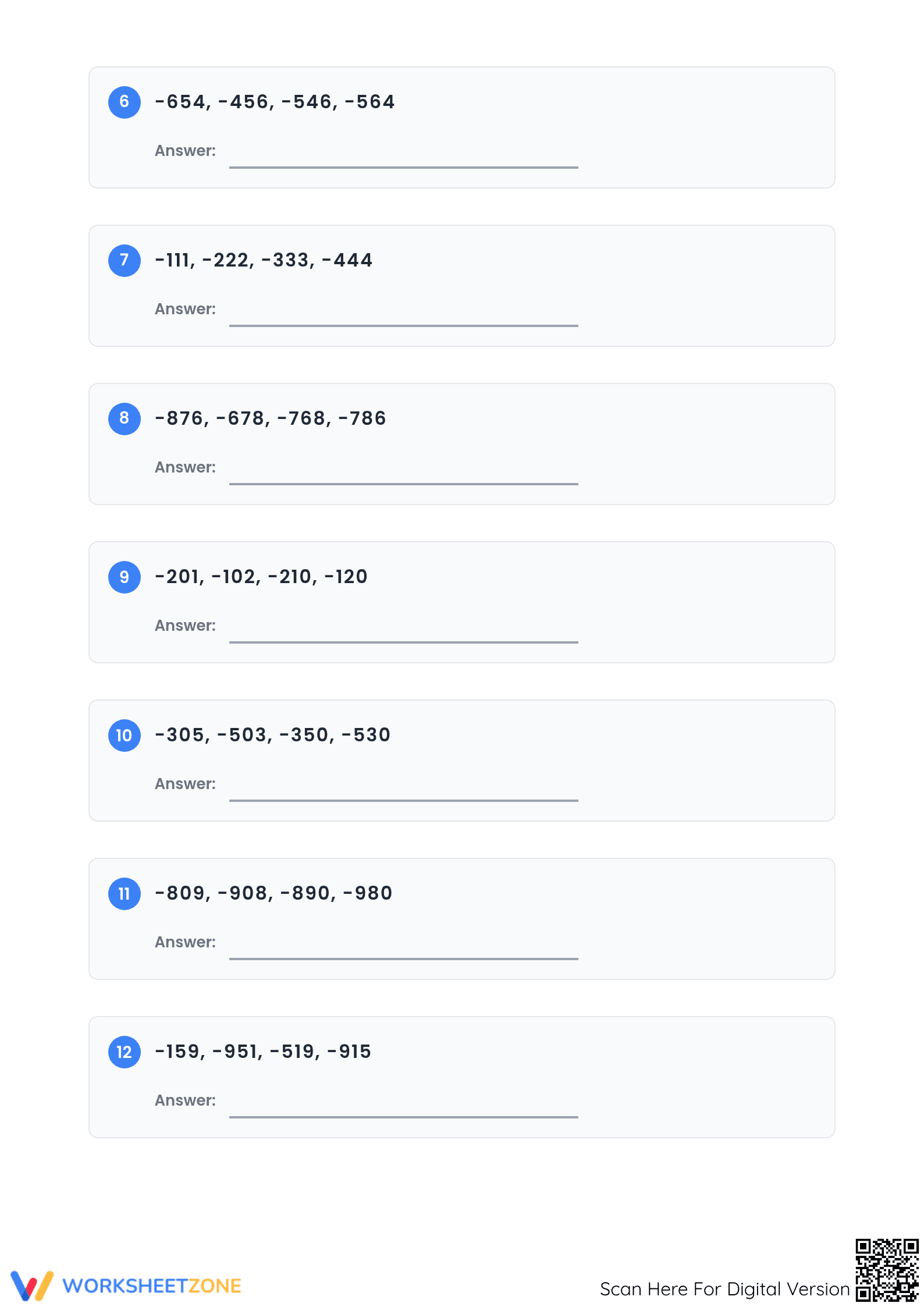 Printable Ordering Negative 3-Digit Integers | Grade 6 Math - Page 2