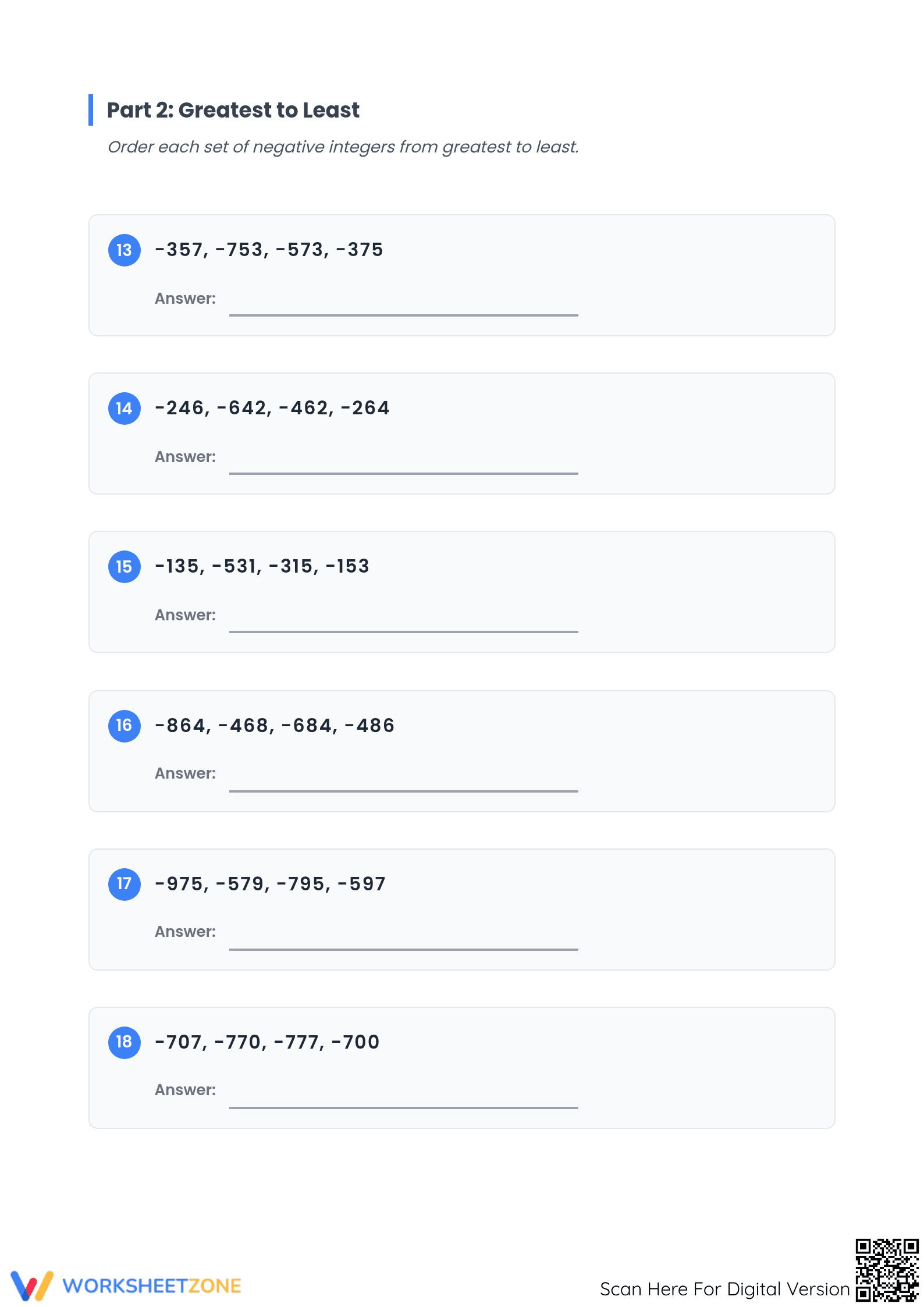 Printable Ordering Negative 3-Digit Integers | Grade 6 Math - Page 3