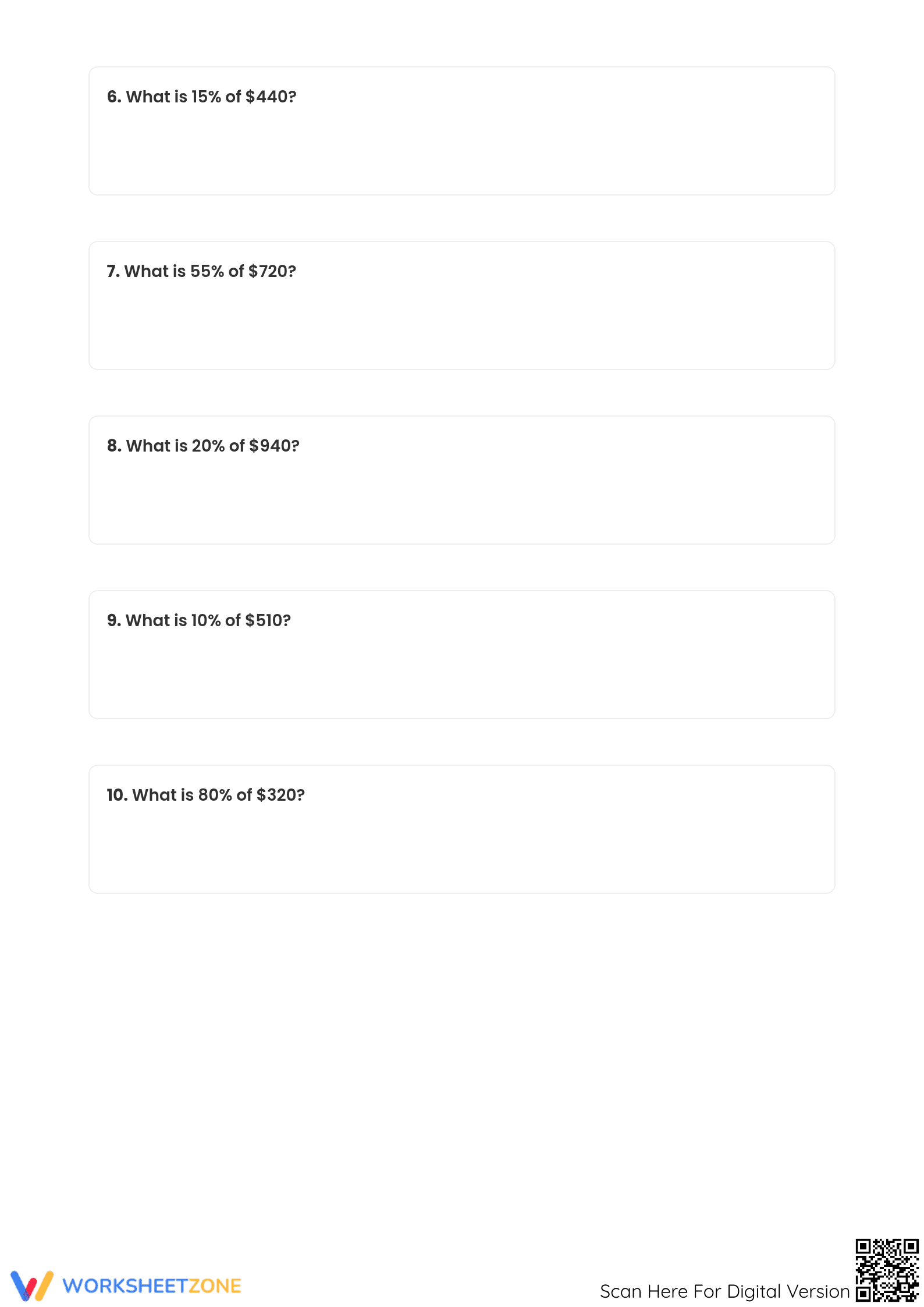 Printable Percentage of Currency Worksheet | Grade 6 Math - Page 2