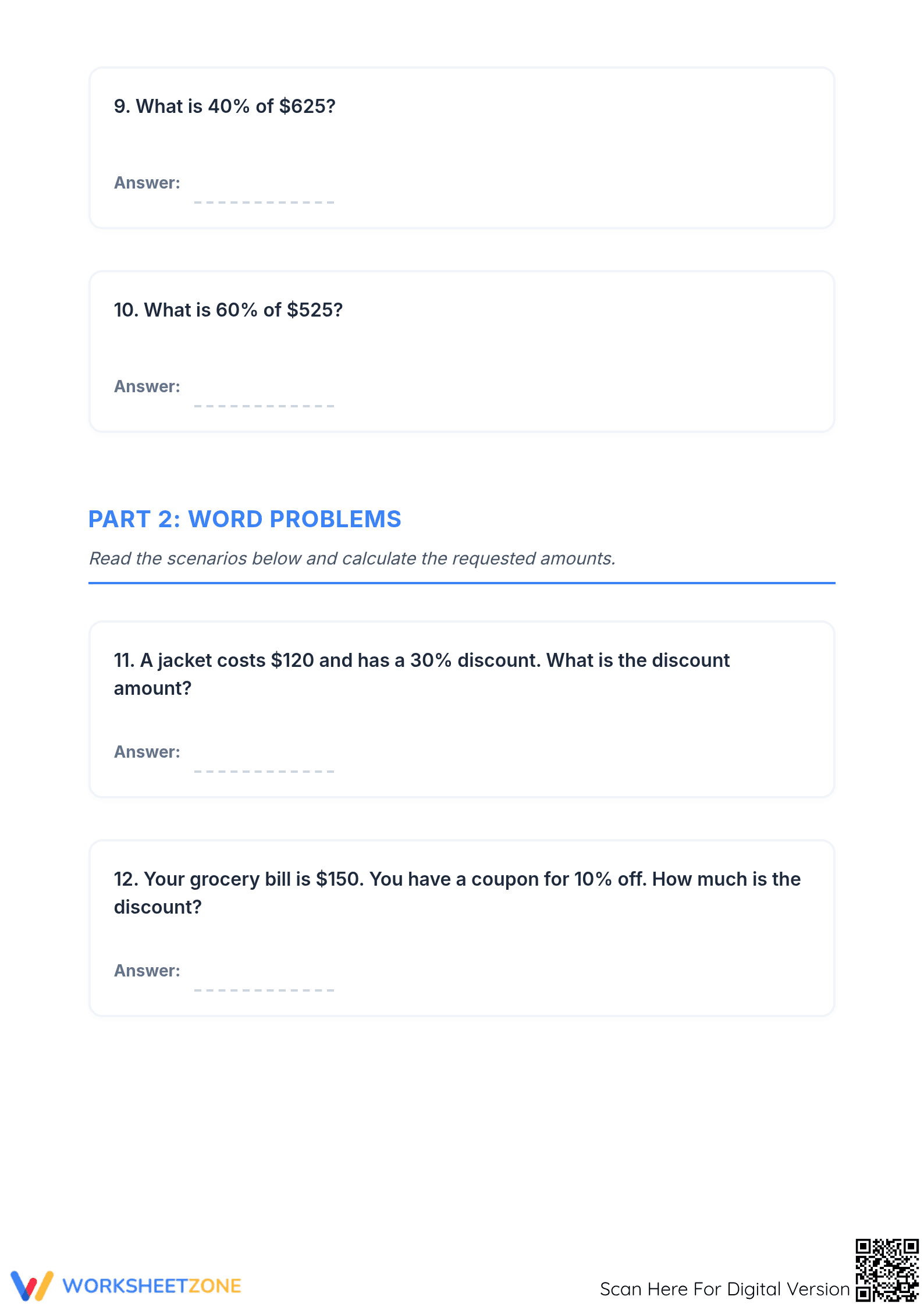 Printable Percent Calculations & Word Problems | Grade 7 - Page 3