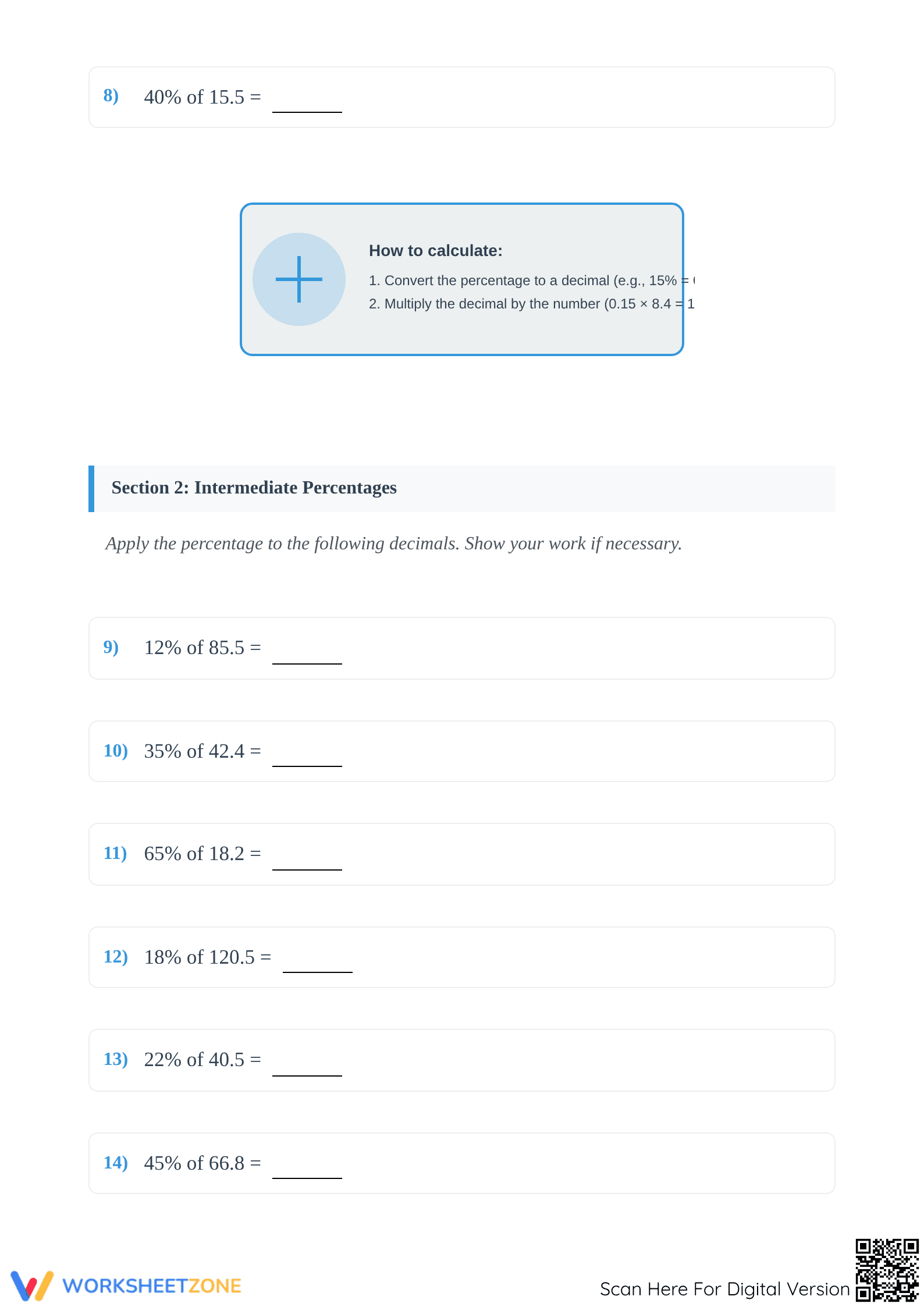 Printable Percentage of Decimals Worksheet | Grade 6-8 - Page 2