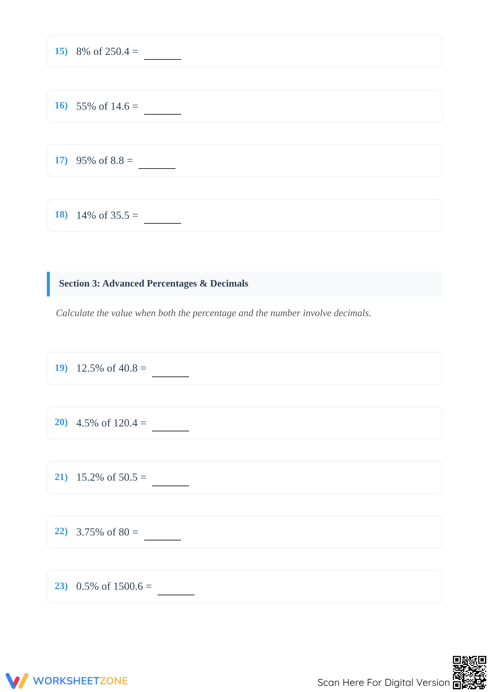Printable Percentage of Decimals Worksheet | Grade 6-8 - Page 3