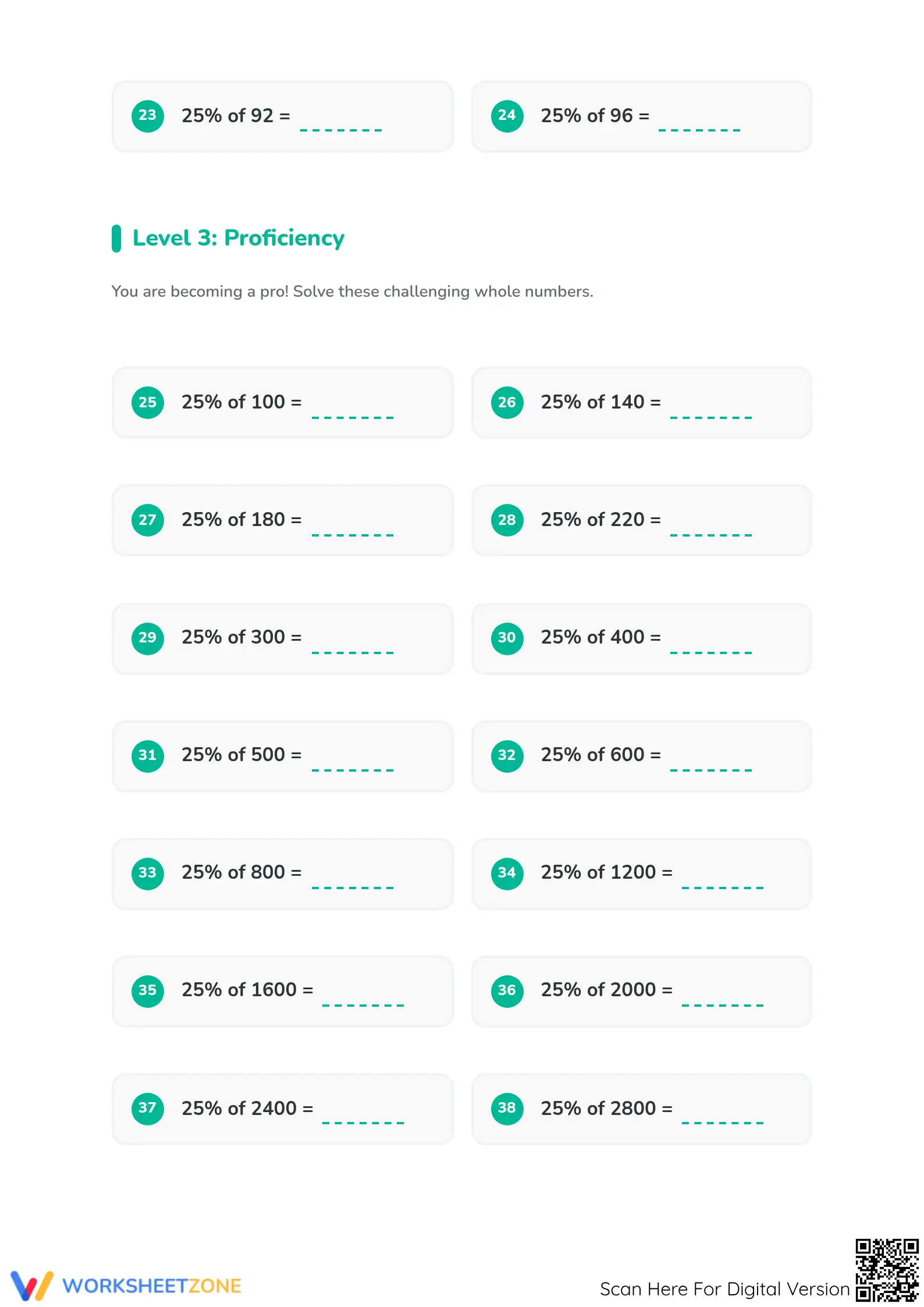 Calculate 25% of Whole Numbers Worksheet | Essential Math - Page 3