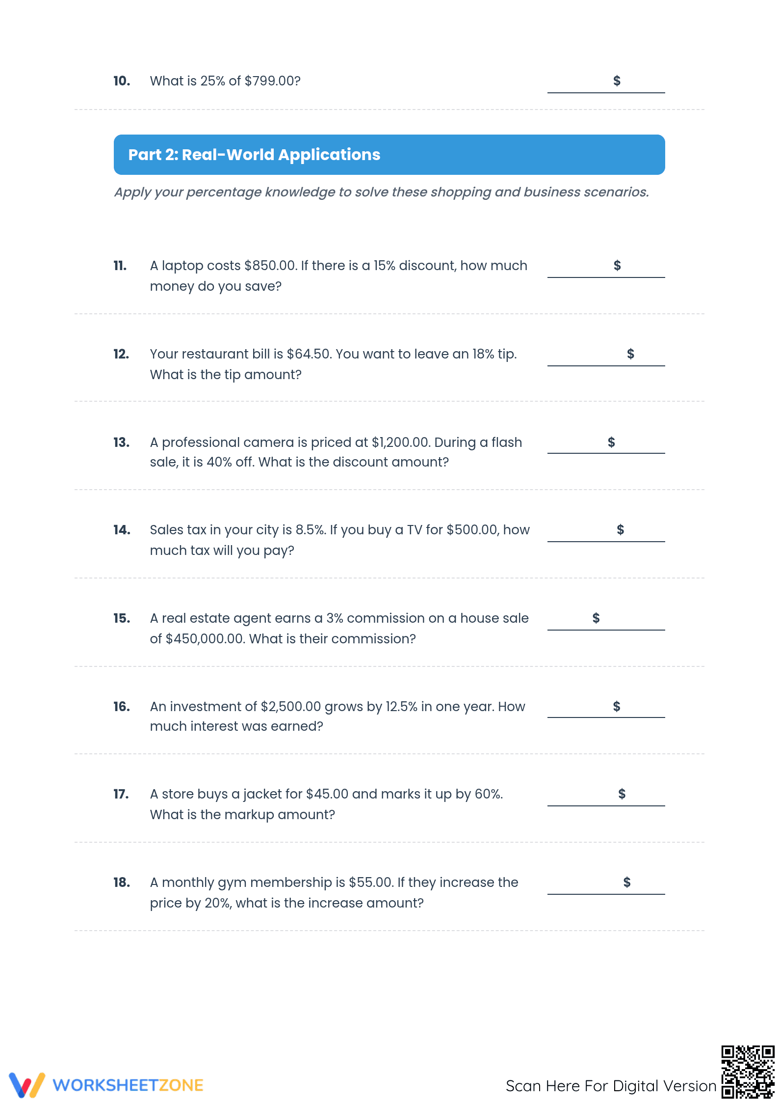 Essential Percentages & Currency Worksheet | Grade 7 Math - Page 2