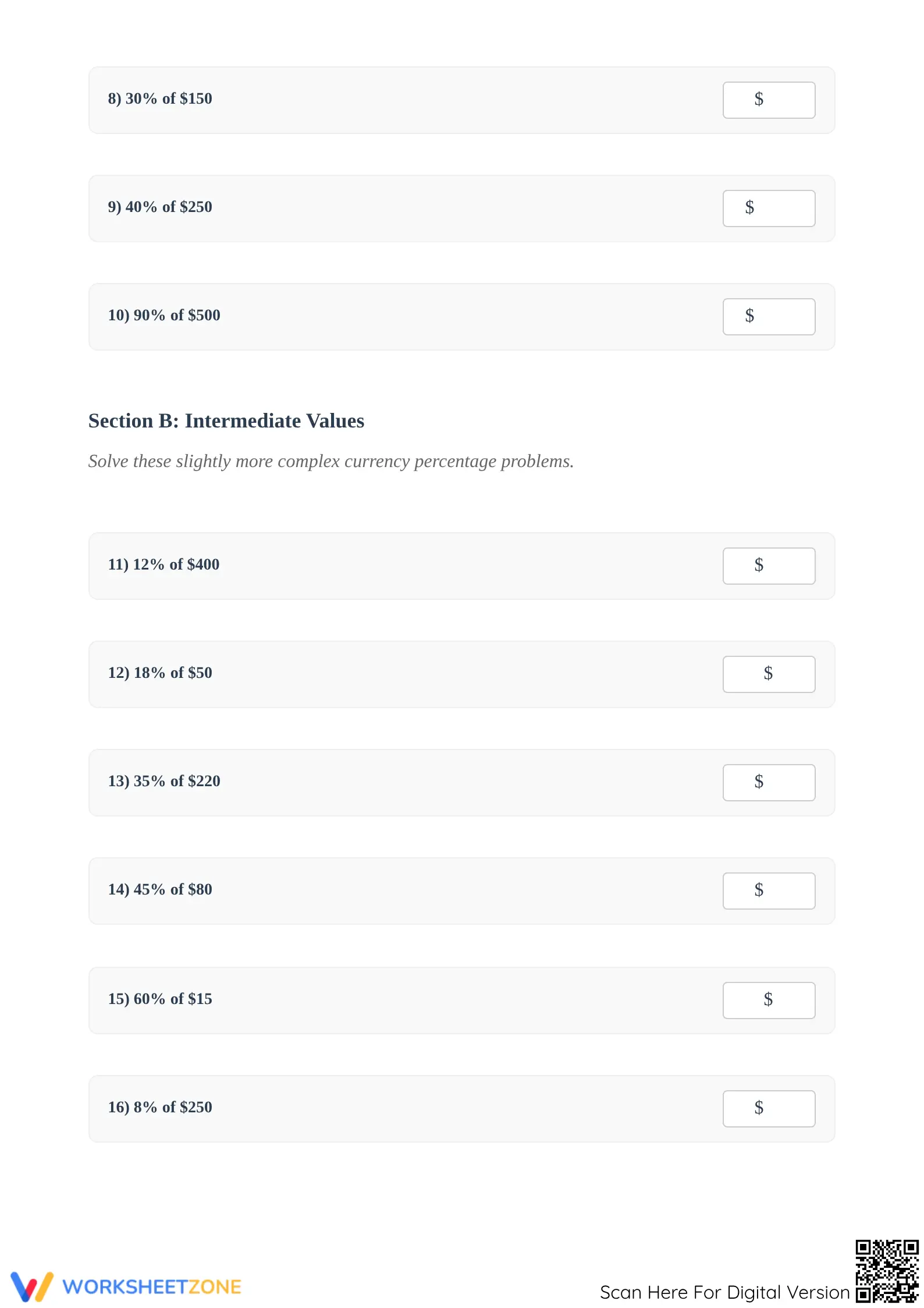 Grades 4-8 Money Percentages — Printable No-Prep Worksheet - Page 2