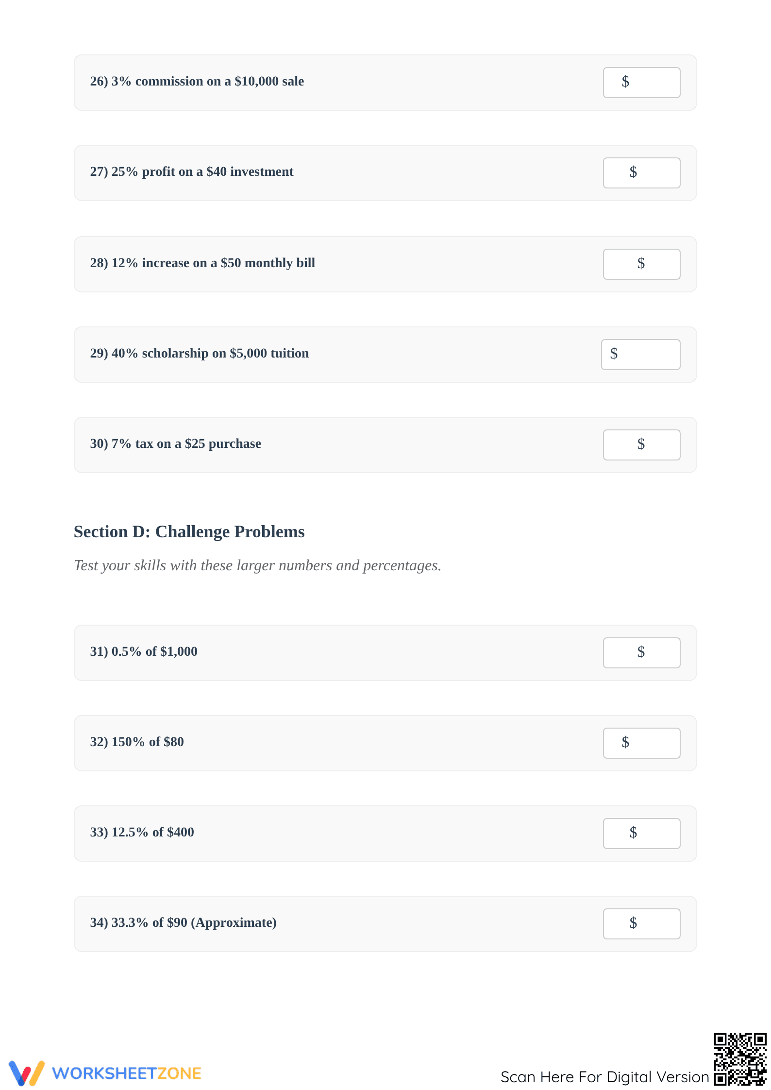 Grades 4-8 Money Percentages — Printable No-Prep Worksheet - Page 4