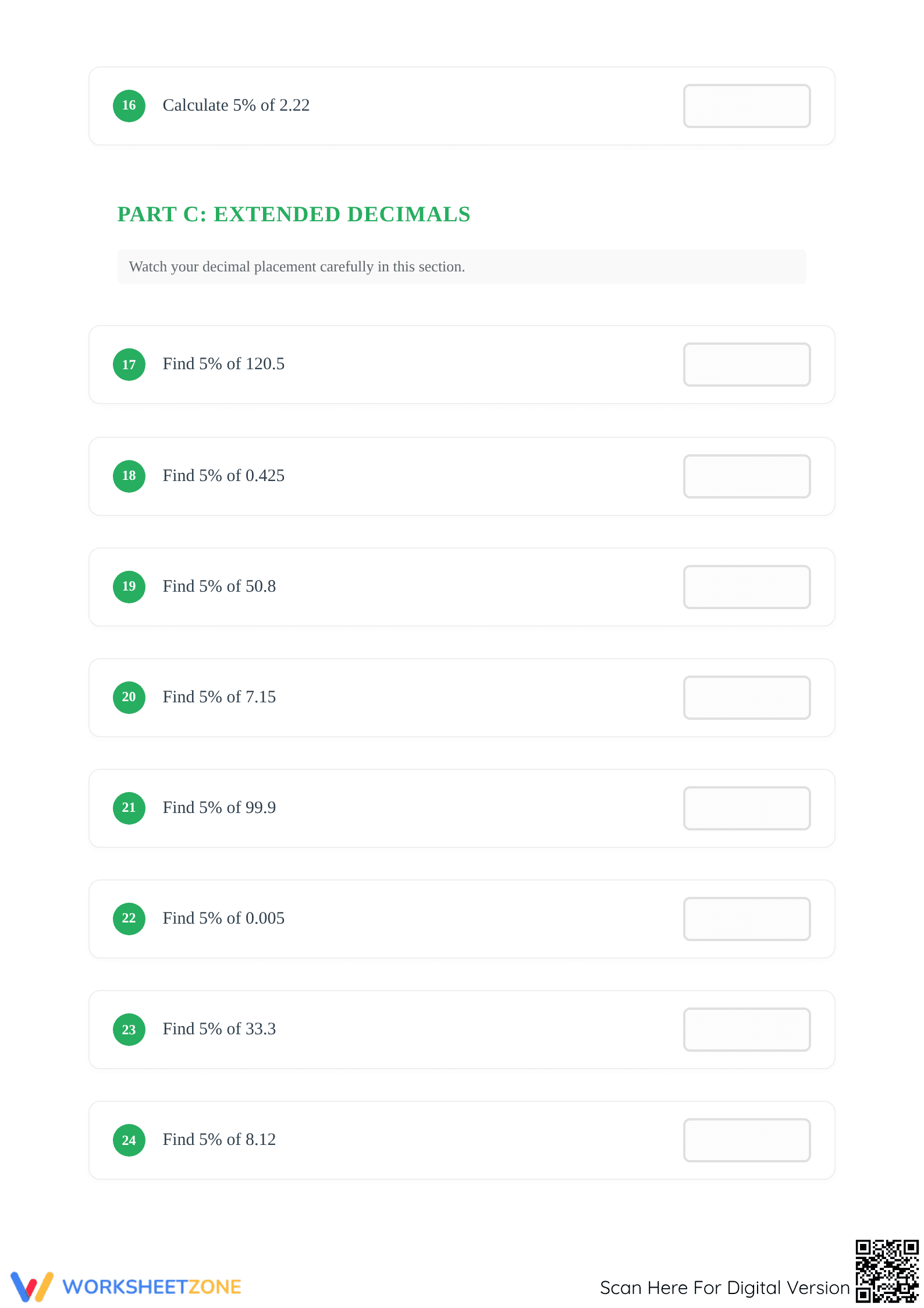 Calculate 5% of Decimals Worksheet | Essential Grade 6 Math - Page 3