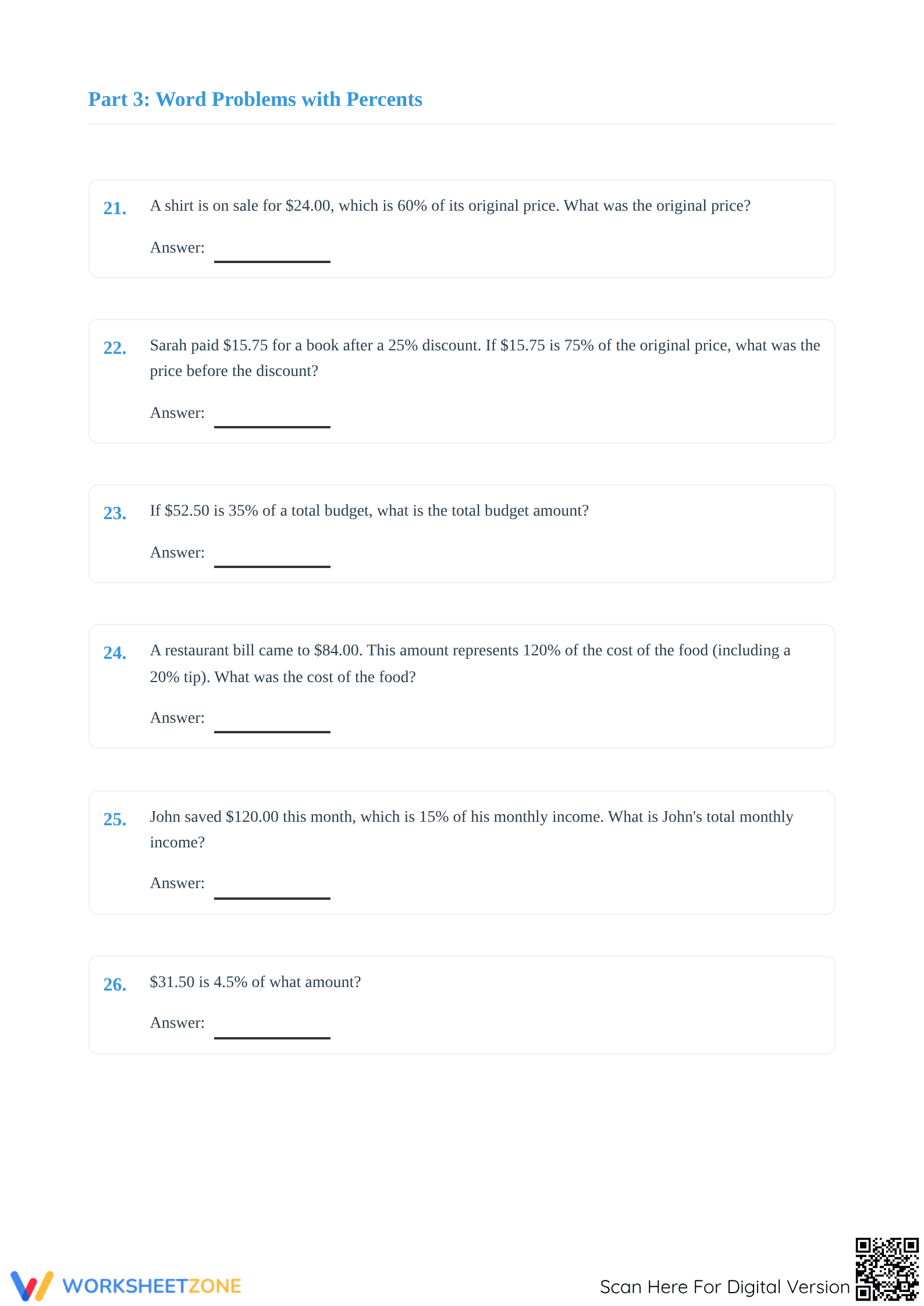 Essential Grade 7 Math Worksheet: Finding the Original Amount - Page 4