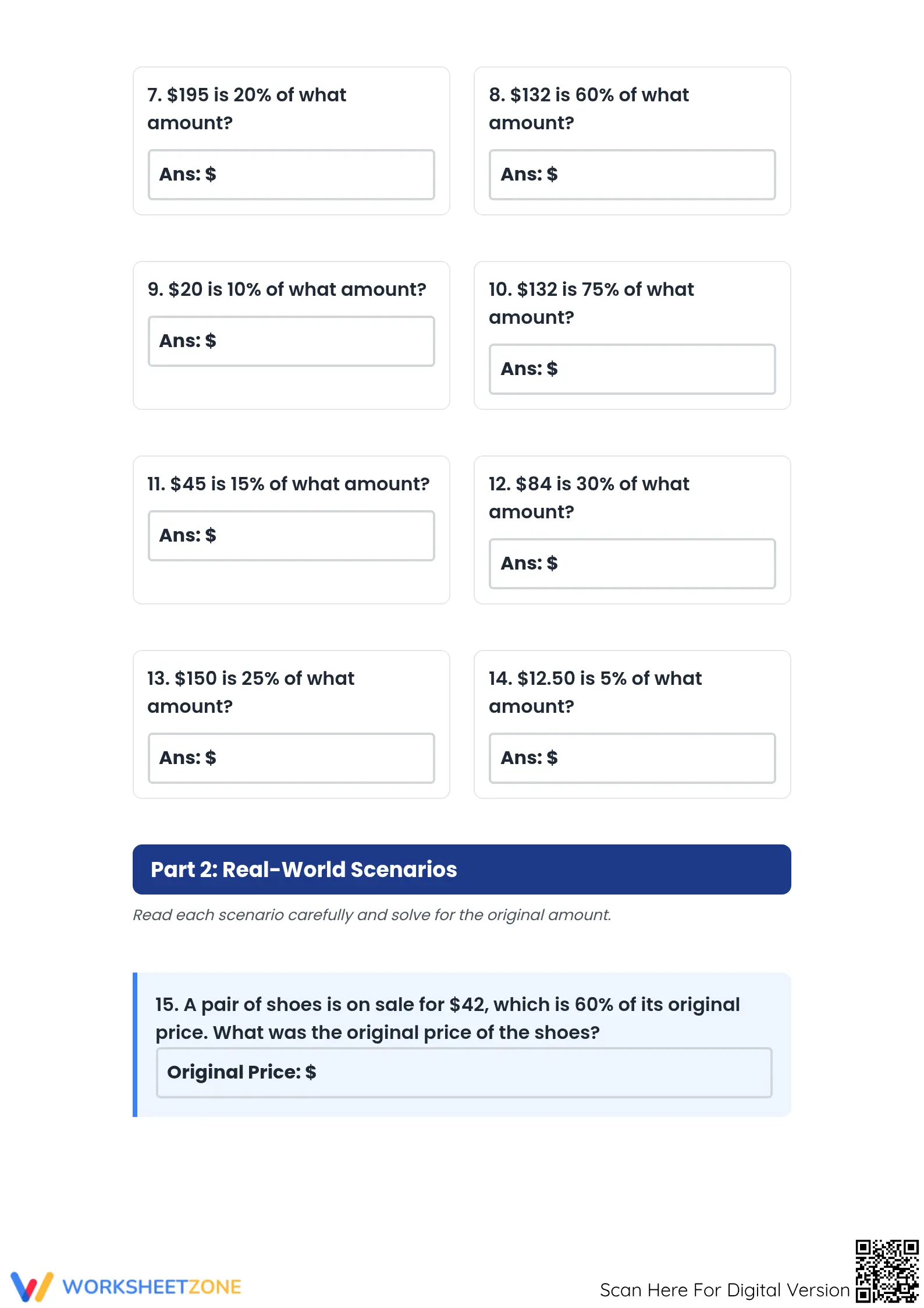 Essential 6.RP.A.3.c Worksheet: Calculate Original Amount - Page 2