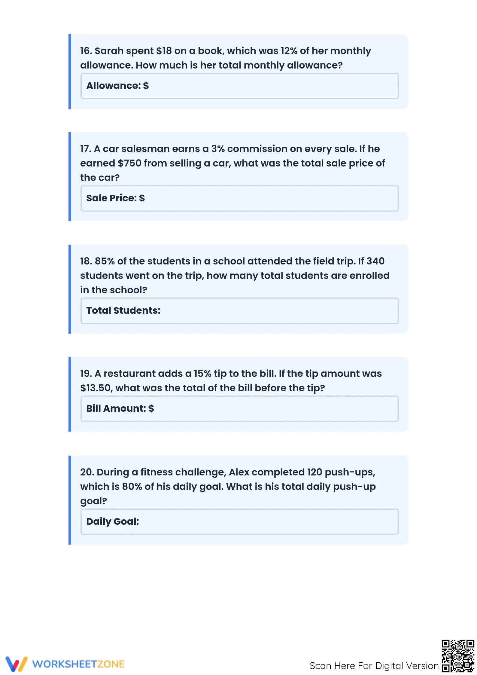Essential 6.RP.A.3.c Worksheet: Calculate Original Amount - Page 3