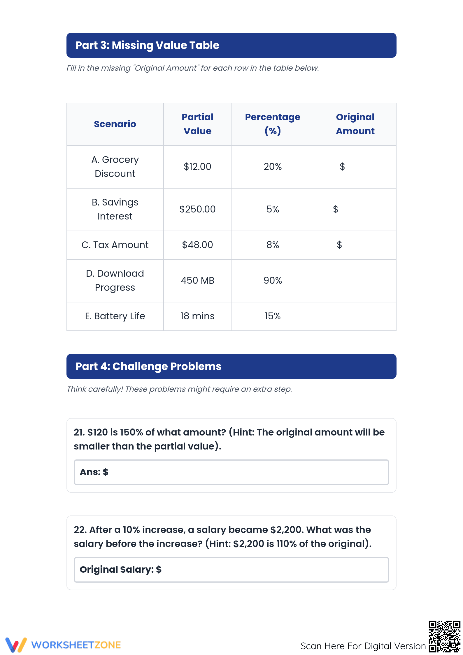 Essential 6.RP.A.3.c Worksheet: Calculate Original Amount - Page 4