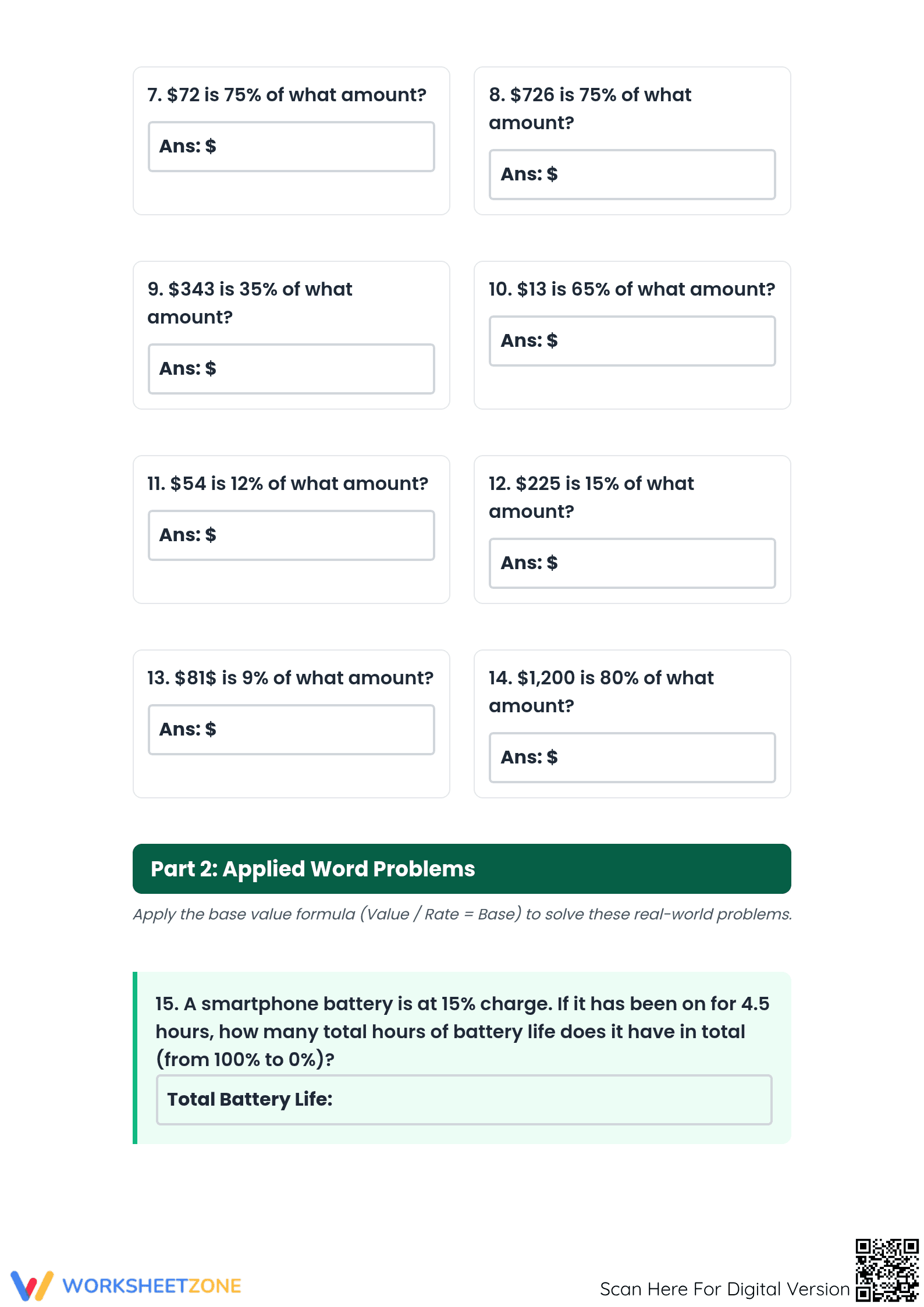 Essential Grade 6-7 Percent Worksheet: Finding Base Value - Page 2