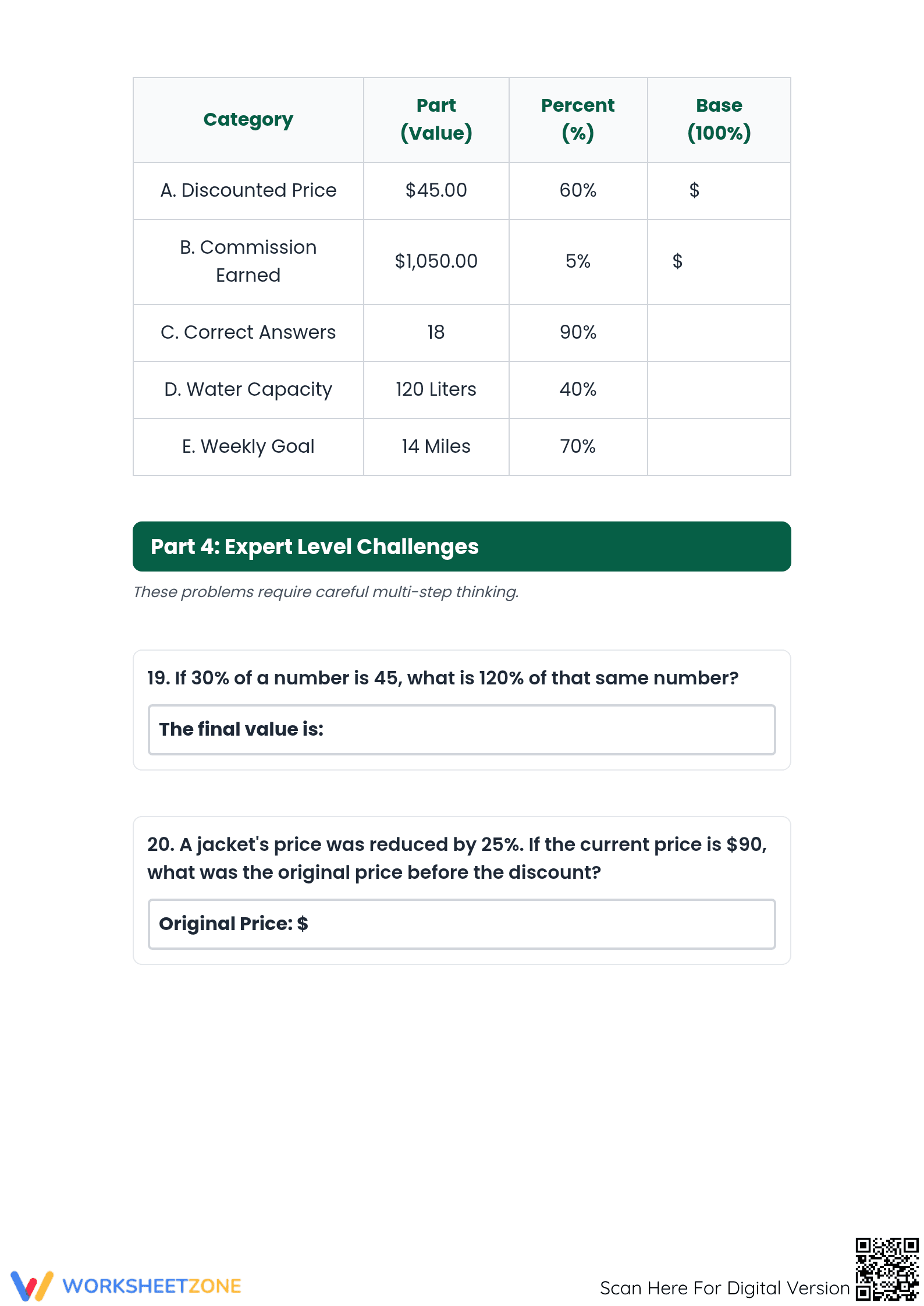 Essential Grade 6-7 Percent Worksheet: Finding Base Value - Page 4