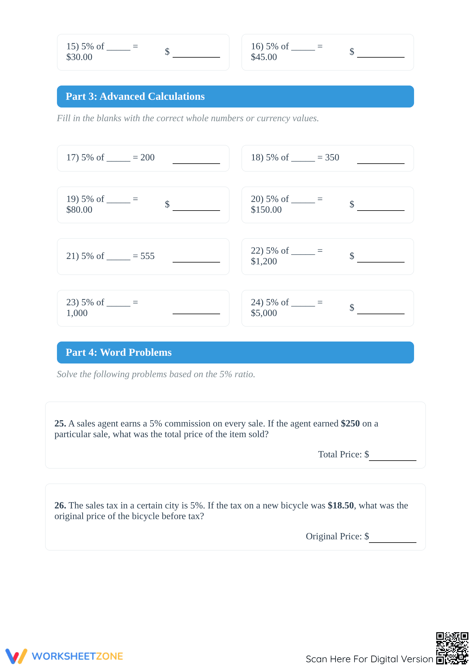 Calculate Original Amount (5%) Printable Worksheet | Grade 6 - Page 2