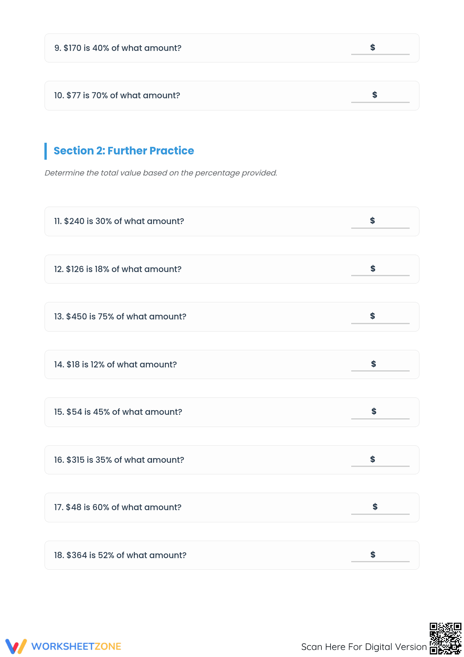 Printable Percent Worksheet: Finding Original Amount - Page 2