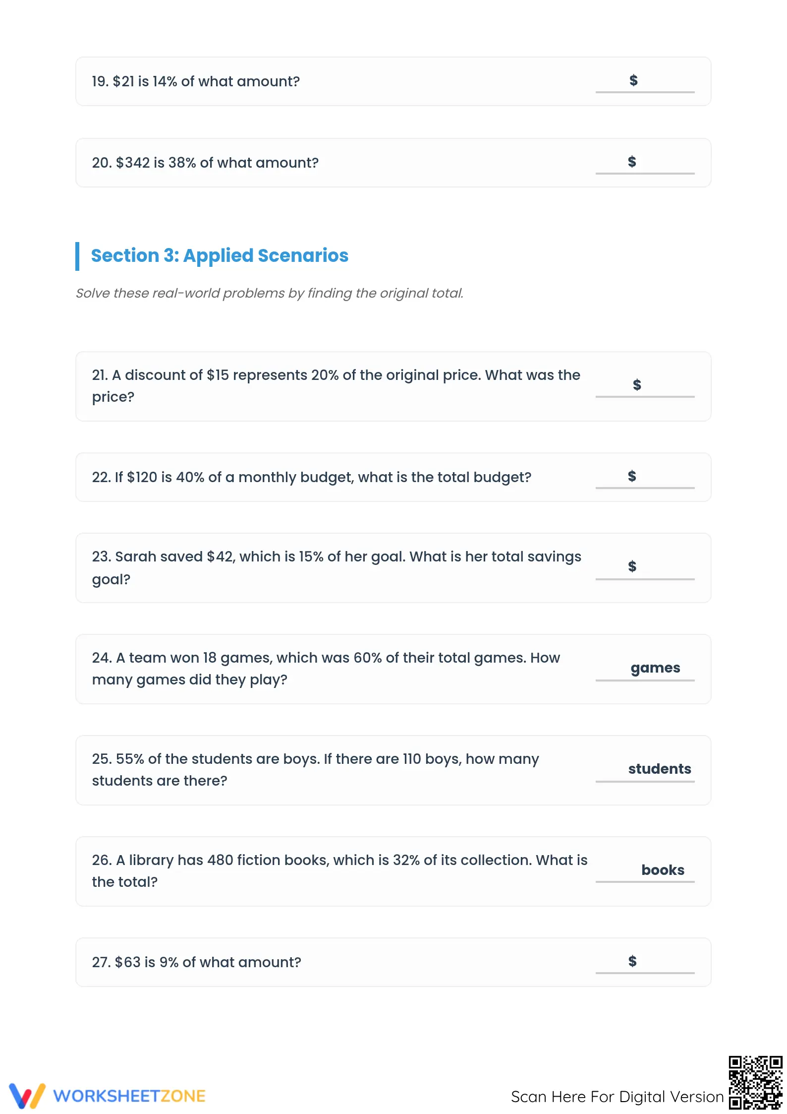 Printable Percent Worksheet: Finding Original Amount - Page 3