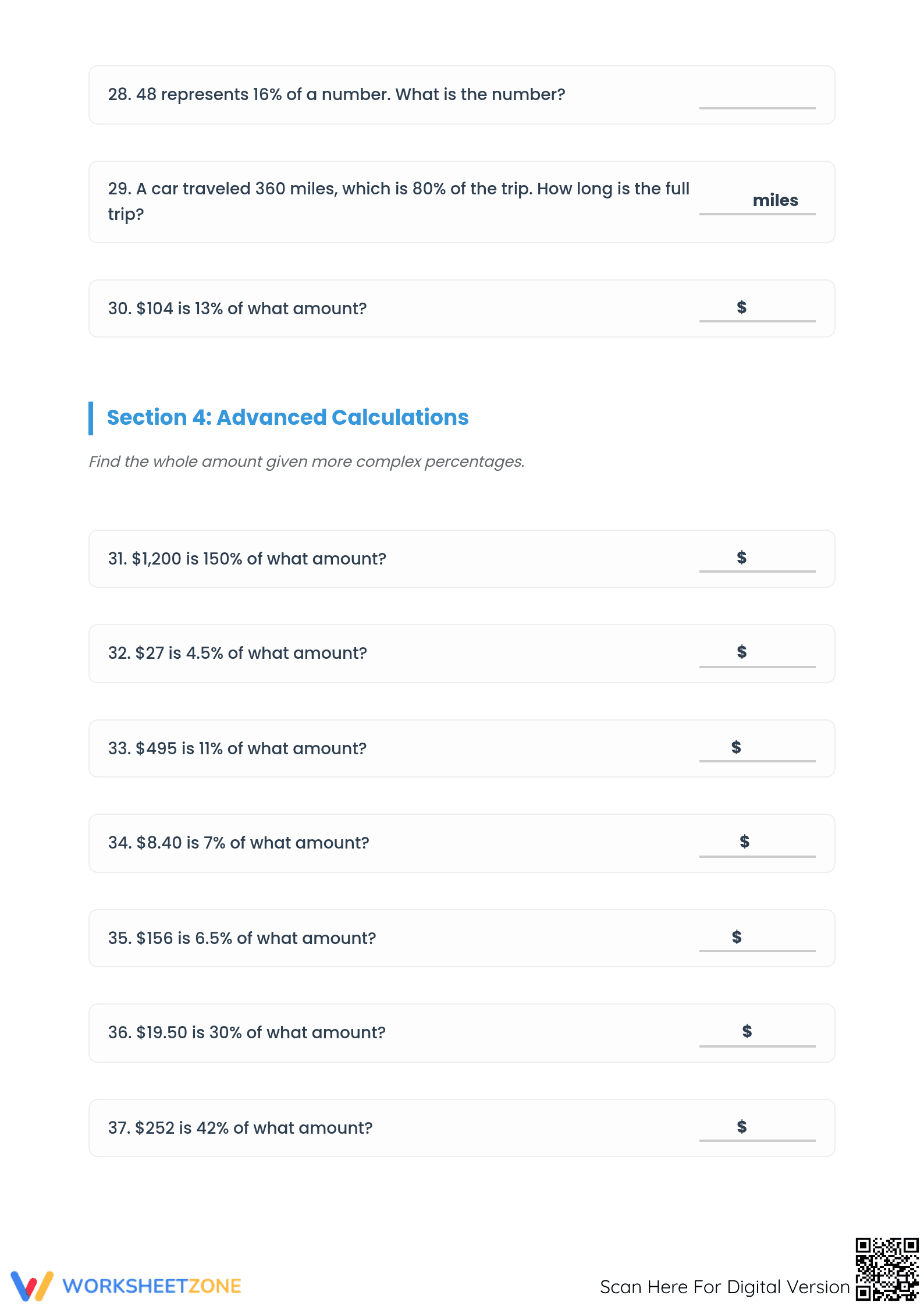 Printable Percent Worksheet: Finding Original Amount - Page 4