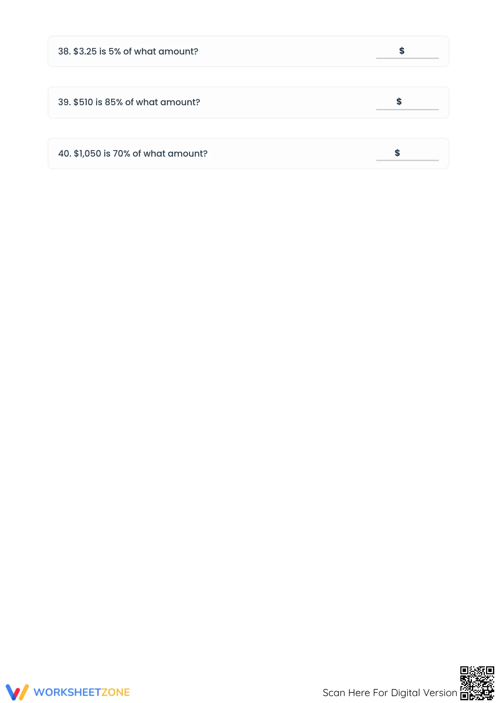 Printable Percent Worksheet: Finding Original Amount - Page 5