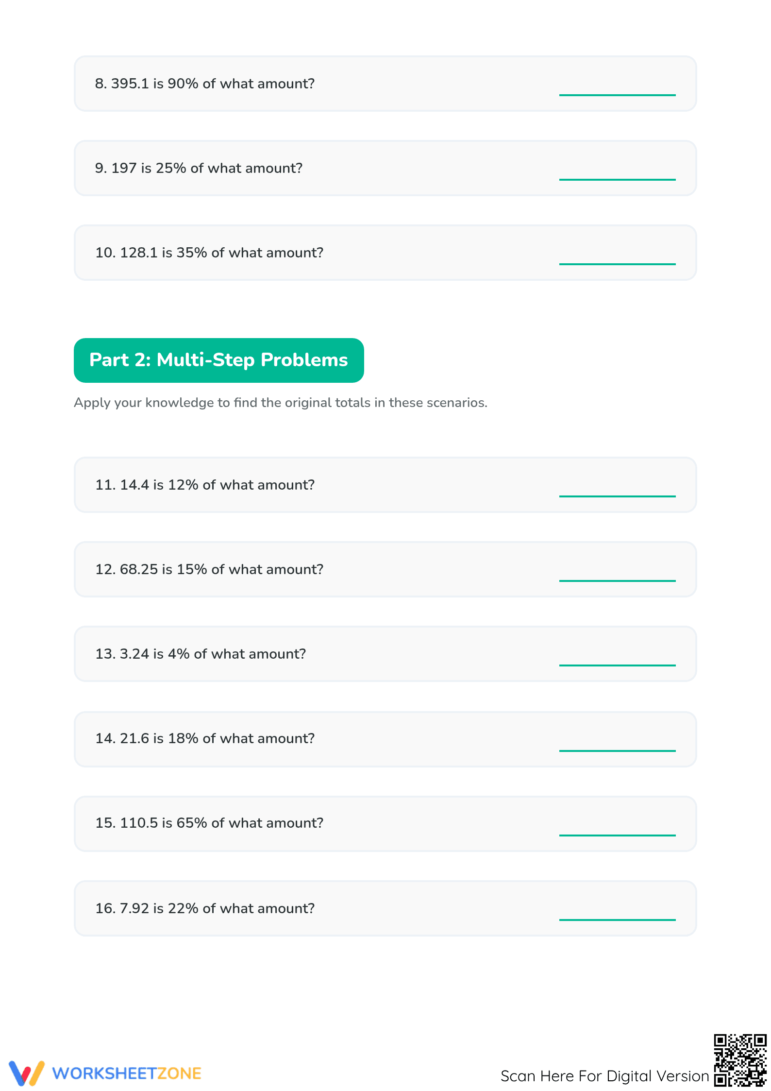 Essential Finding the Whole Percentage Worksheet | Grade 6-8 - Page 2