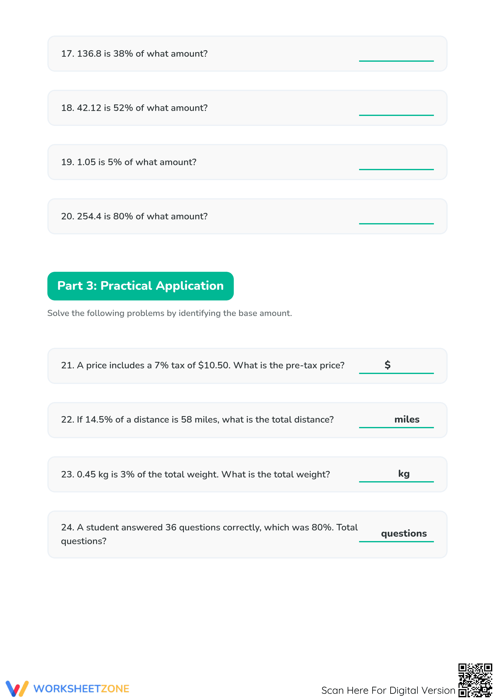 Essential Finding the Whole Percentage Worksheet | Grade 6-8 - Page 3