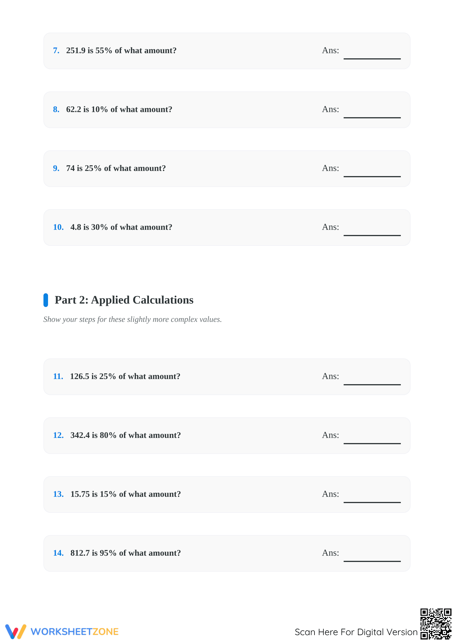 Essential Percentage Worksheet: Find Original Amount (Grades 6-8) - Page 2
