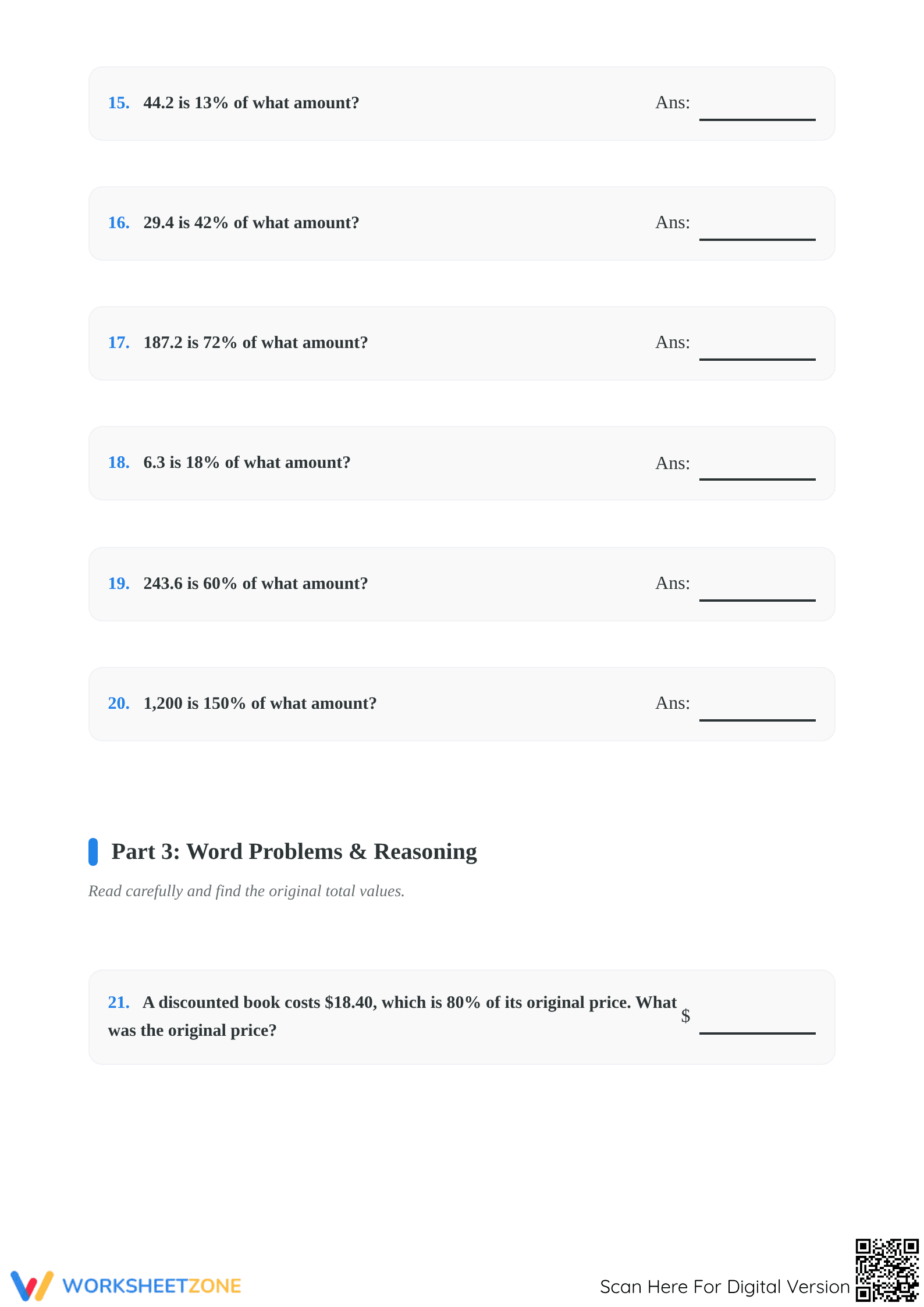Essential Percentage Worksheet: Find Original Amount (Grades 6-8) - Page 3
