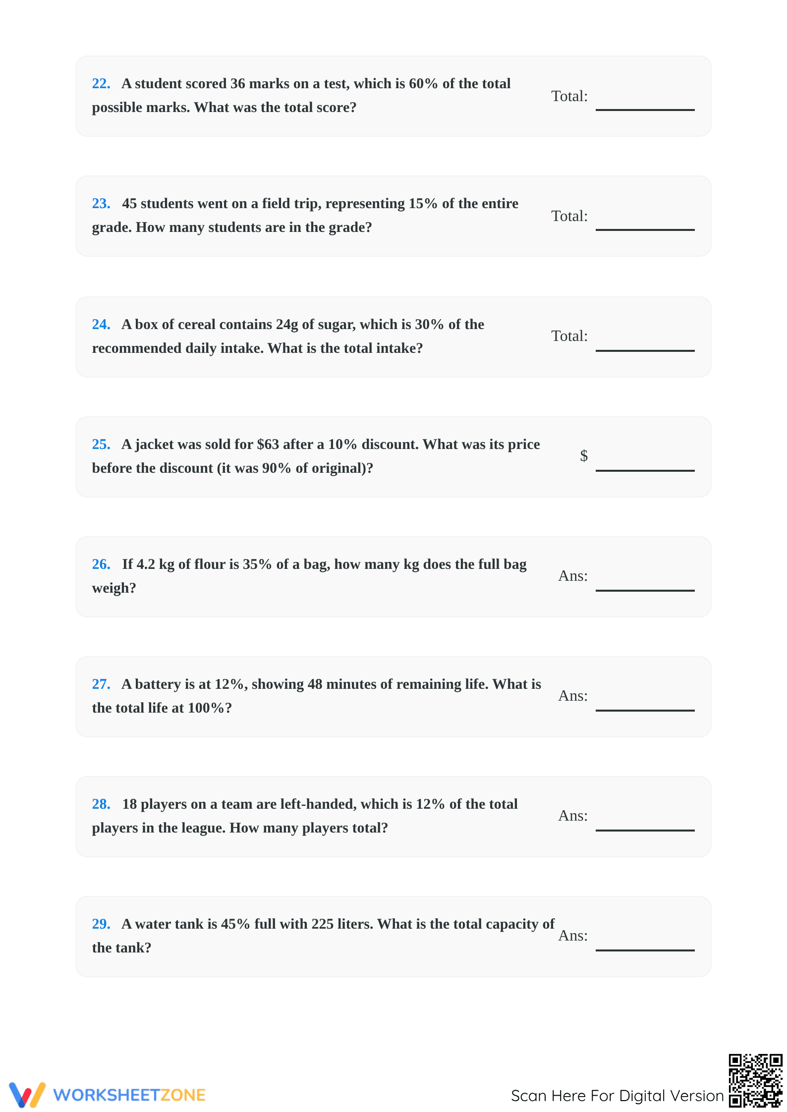 Essential Percentage Worksheet: Find Original Amount (Grades 6-8) - Page 4
