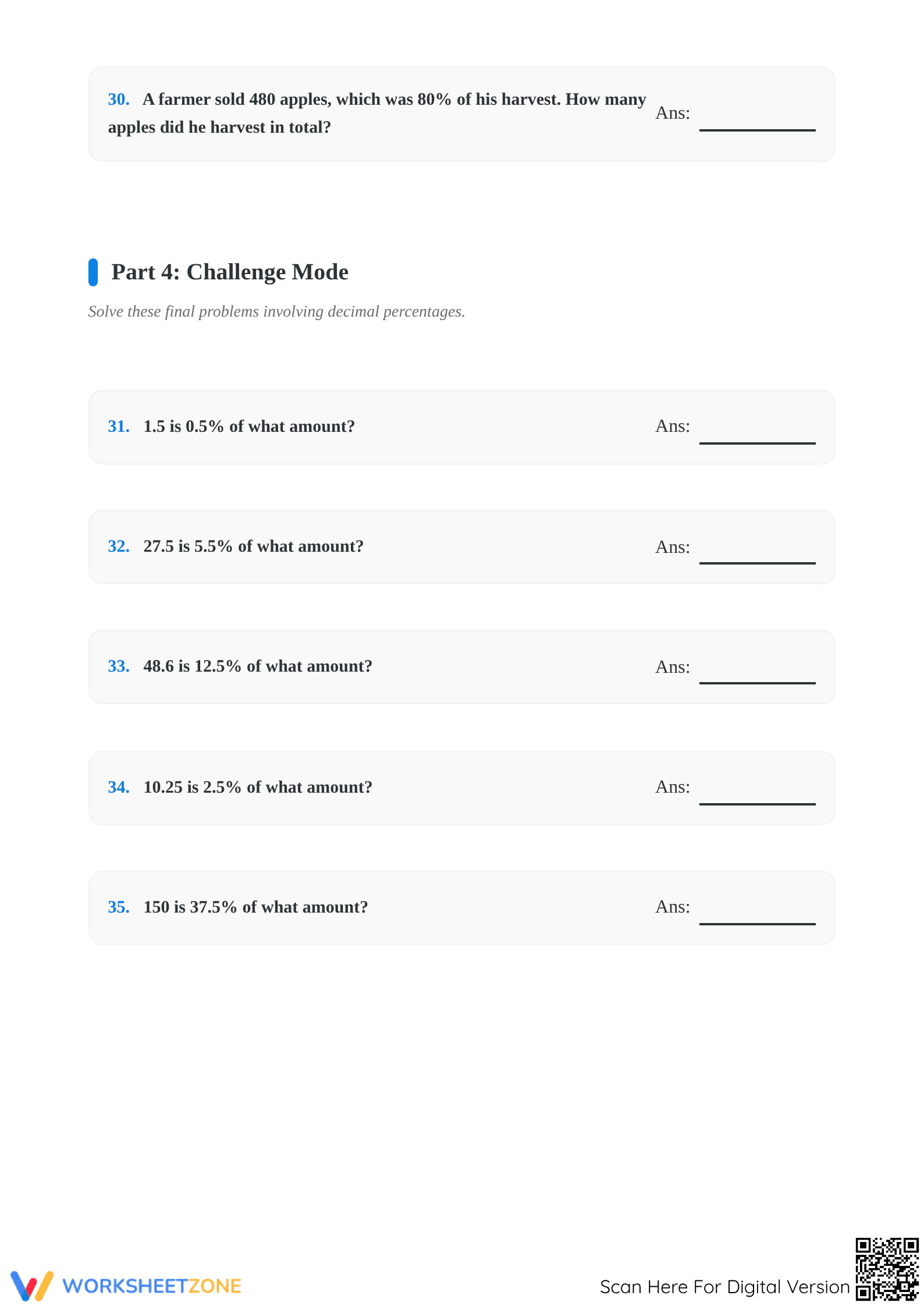 Essential Percentage Worksheet: Find Original Amount (Grades 6-8) - Page 5