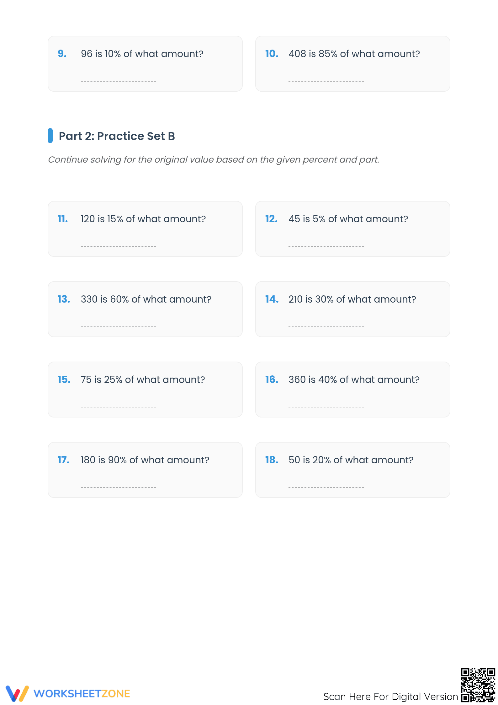 Essential Grade 6 Percent Worksheet: Find Original Amount - Page 2