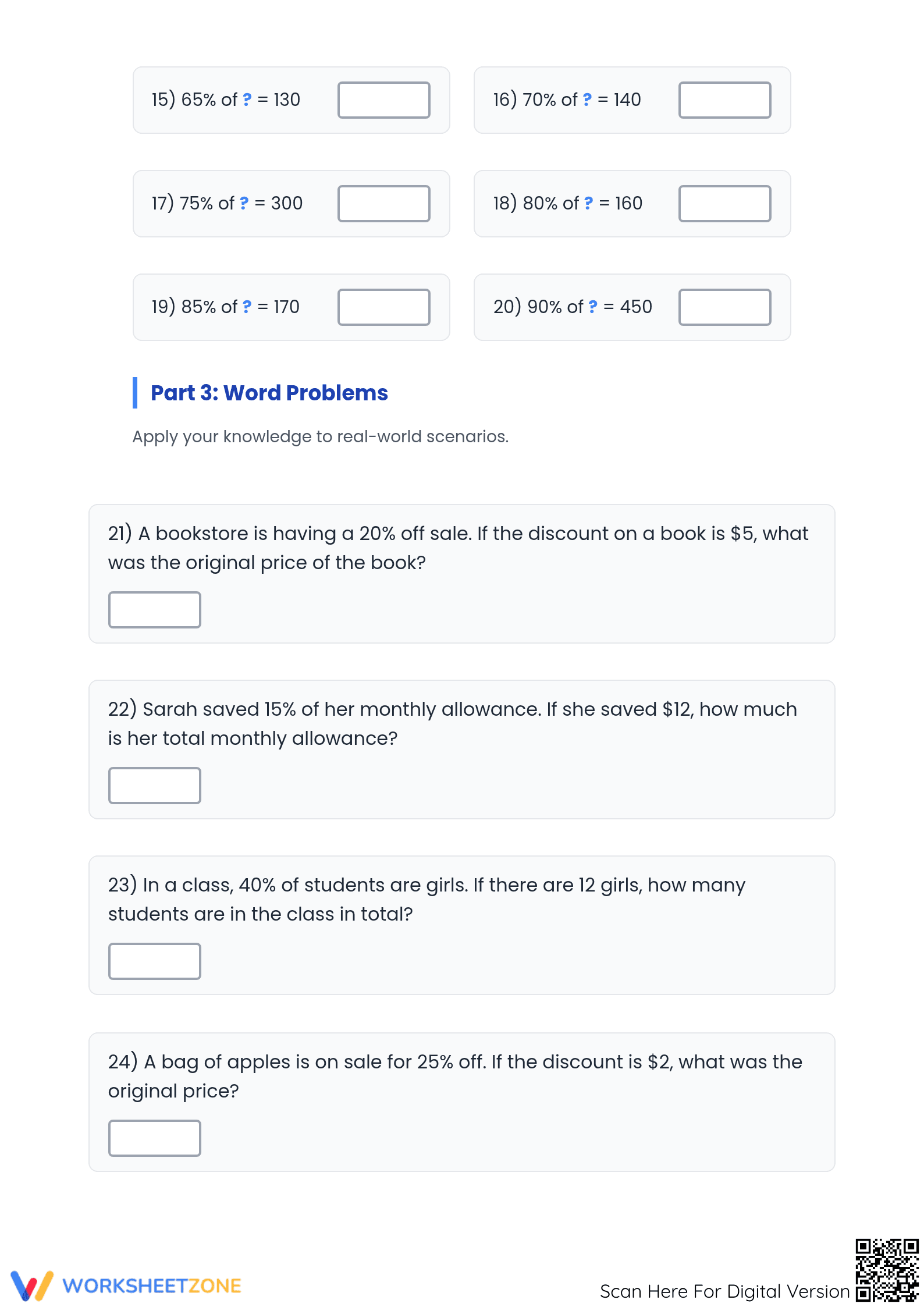 Essential Grade 6: Finding Original Amount Percentage Worksheet - Page 2
