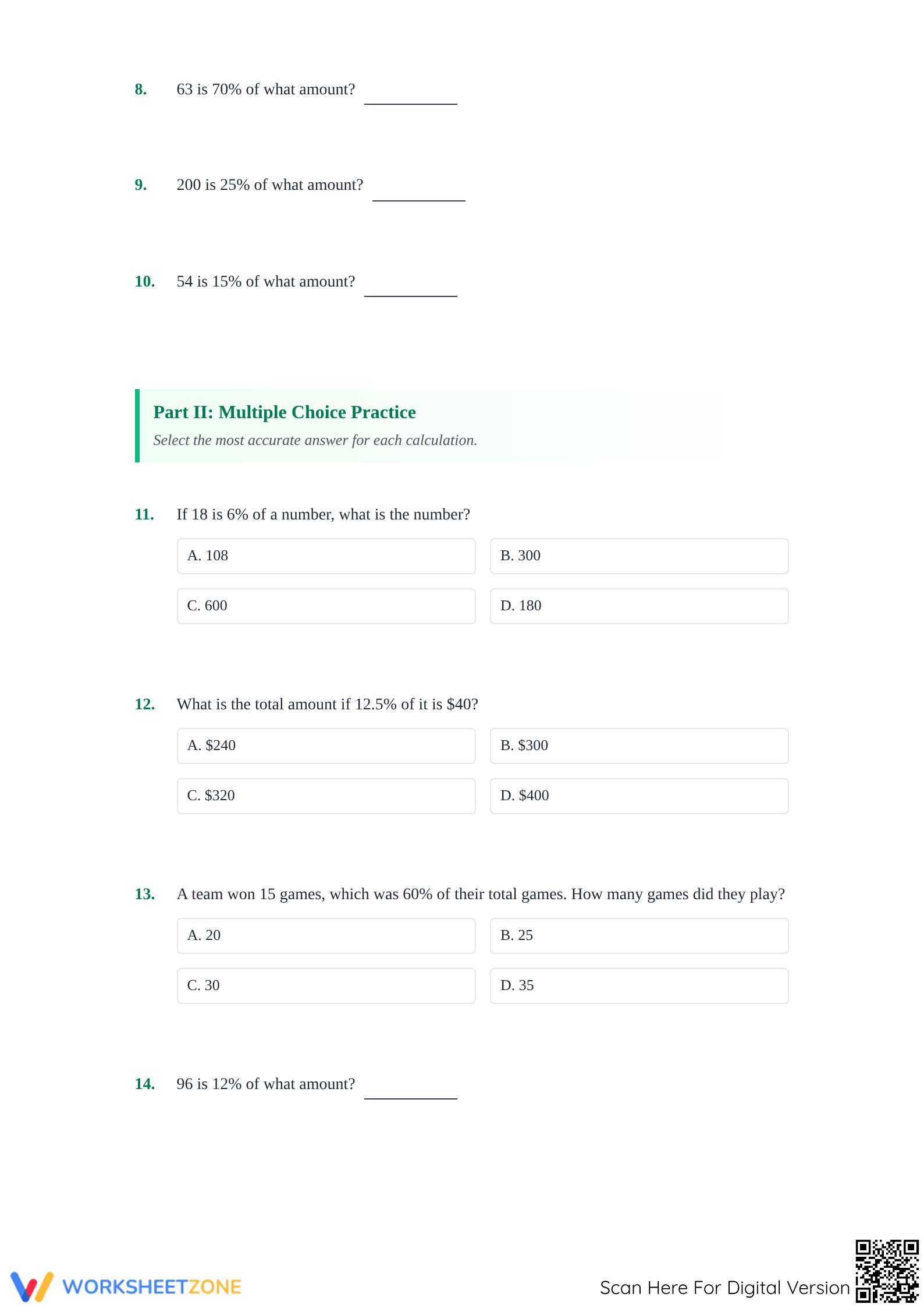 Printable Calculate Original Amount Worksheet | Grade 6 Math - Page 2