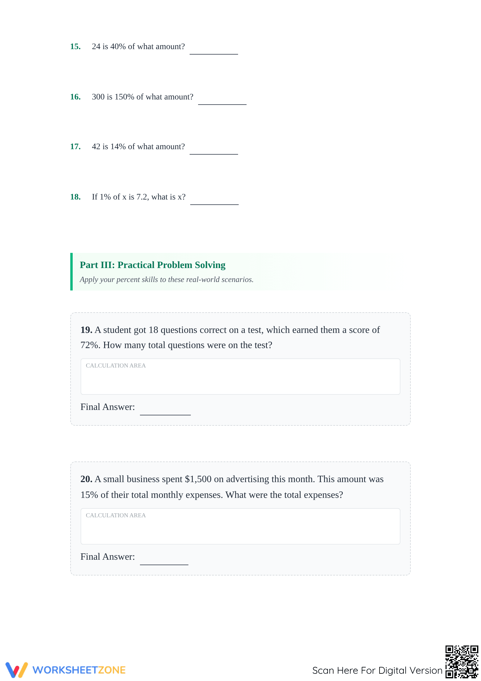 Printable Calculate Original Amount Worksheet | Grade 6 Math - Page 3